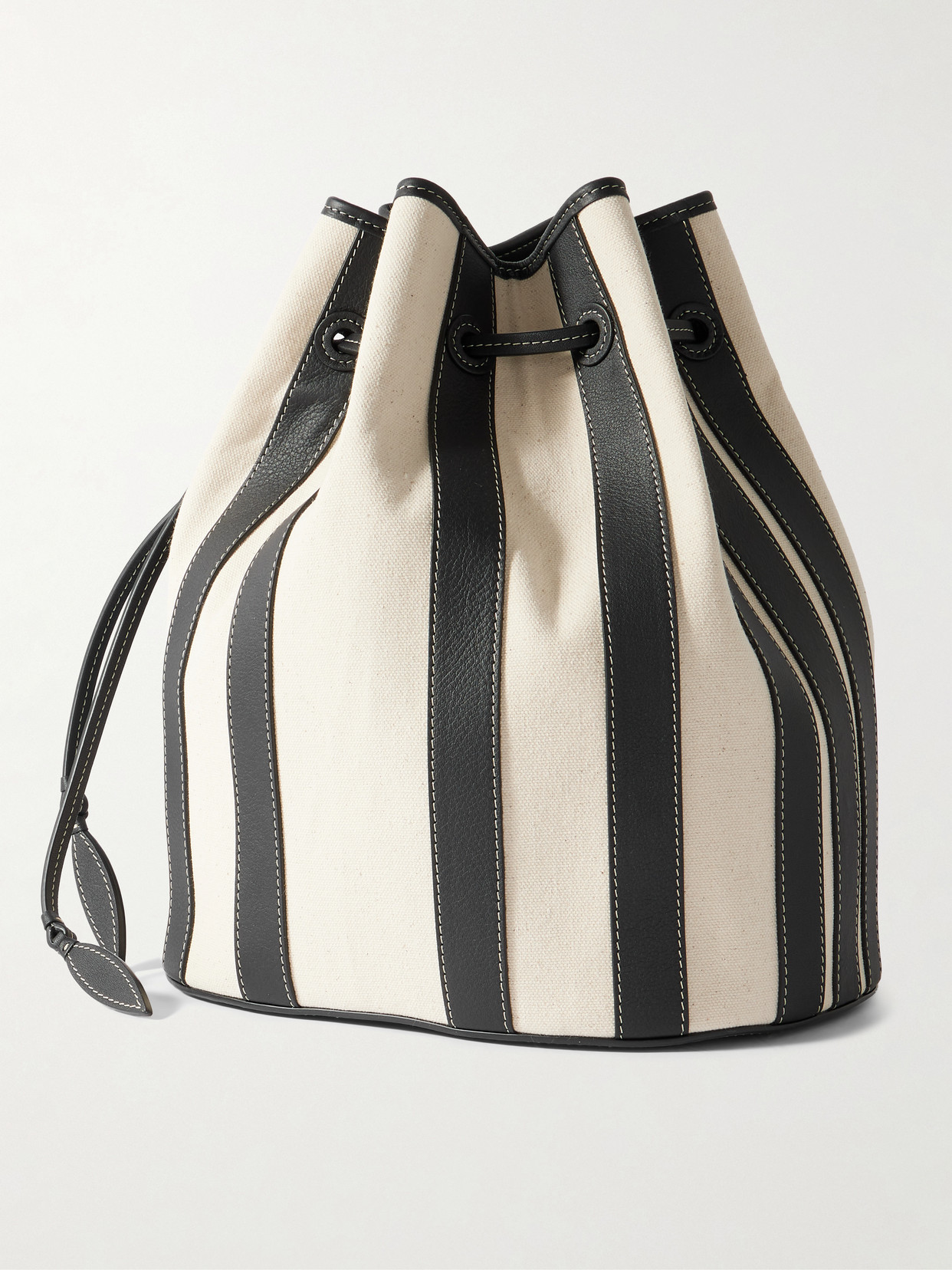 Hunting Season Extra Large Drawstring Leather-trimmed Striped Canvas Bucket Bag
