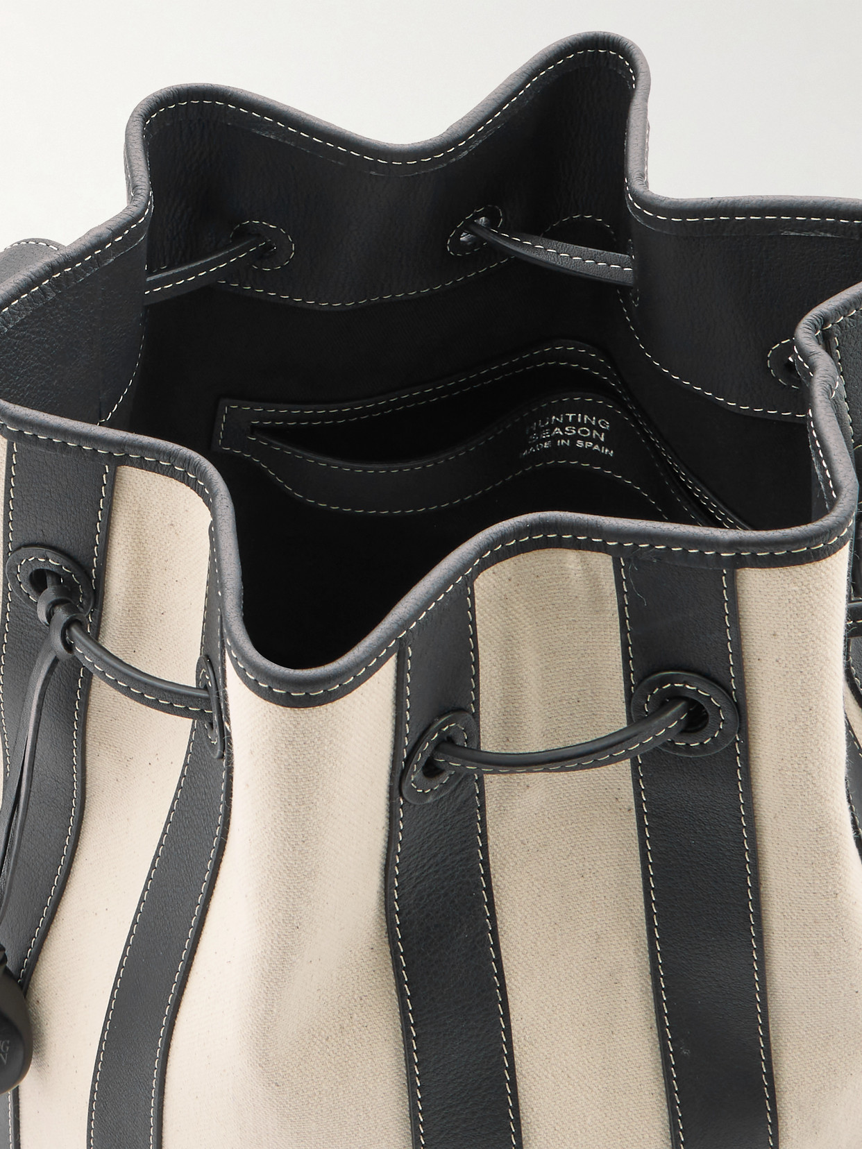 Hunting Season Extra Large Drawstring Leather-trimmed Striped Canvas Bucket Bag