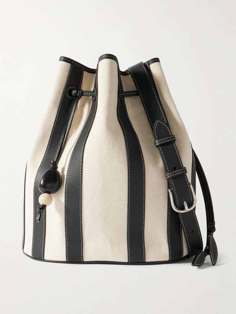 Hunting Season Extra Large Drawstring Leather-trimmed Striped Canvas Bucket Bag