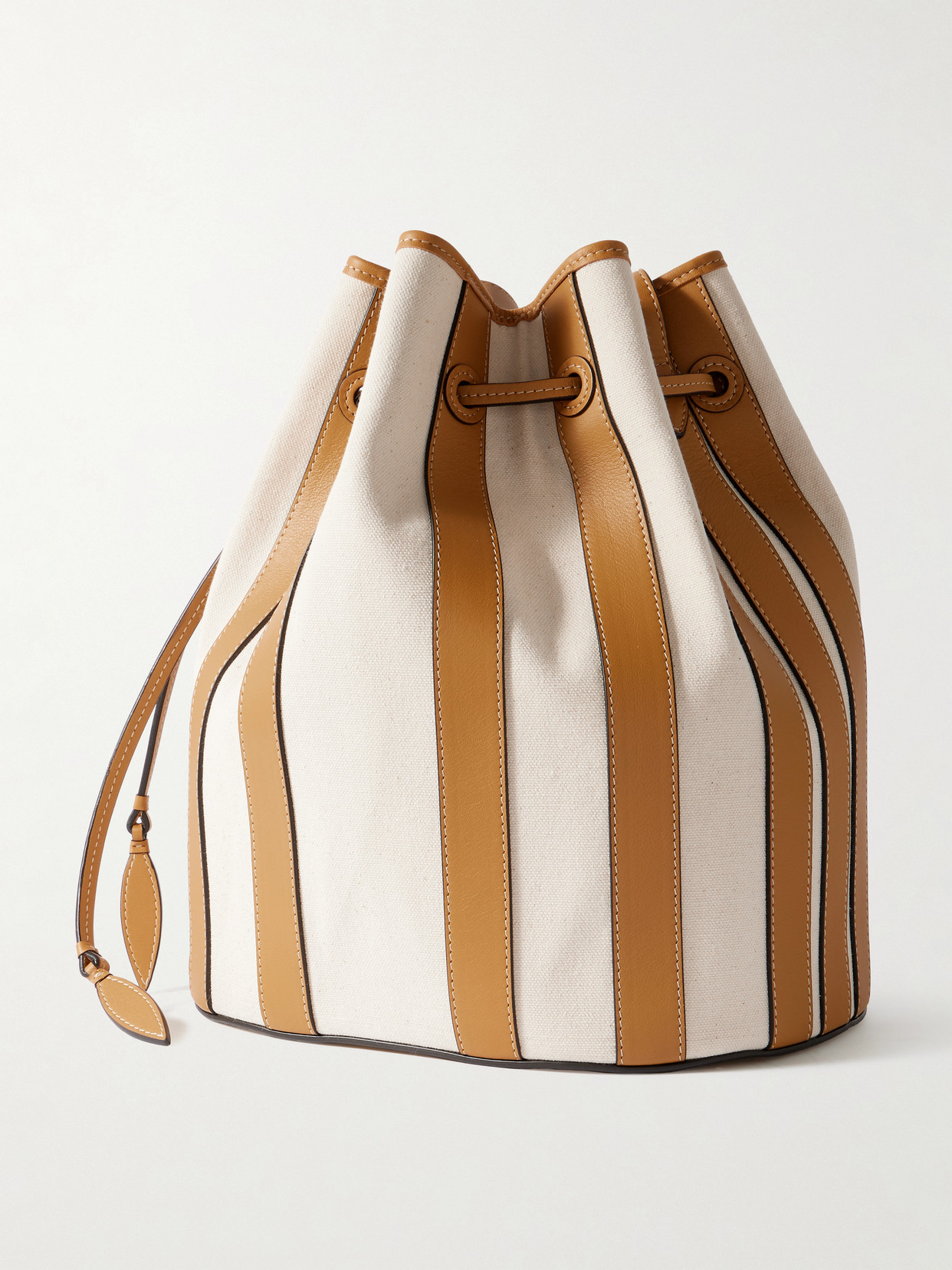 Hunting Season Extra Large Drawstring Leather-trimmed Striped Canvas Bucket Bag