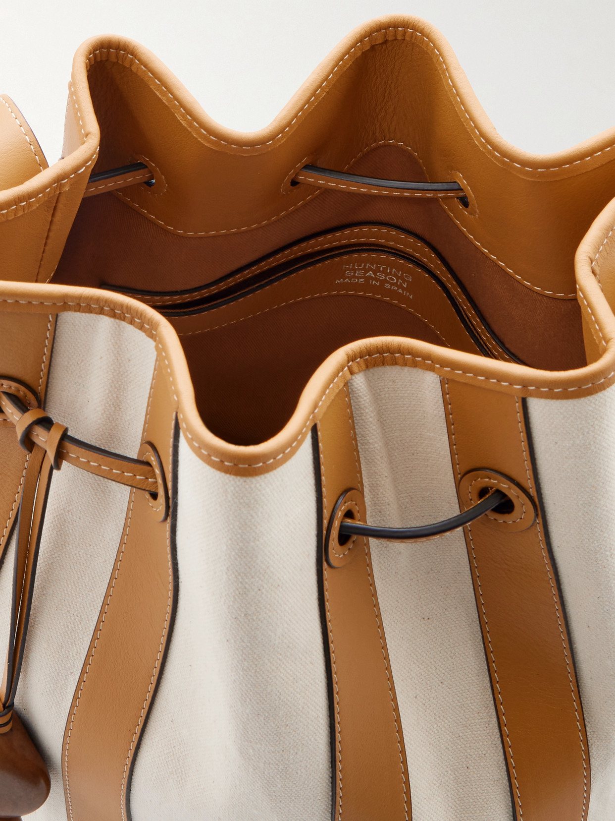 Hunting Season Extra Large Drawstring Leather-trimmed Striped Canvas Bucket Bag