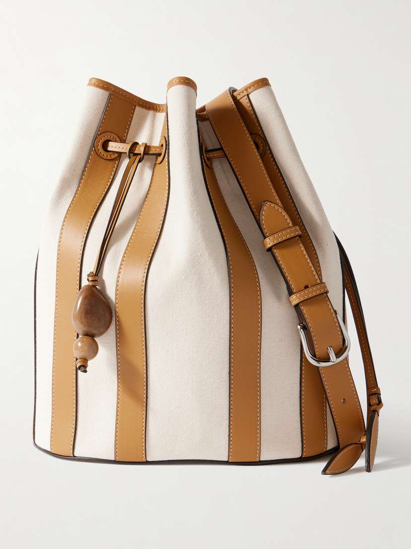 Hunting Season Extra Large Drawstring Leather-trimmed Striped Canvas Bucket Bag