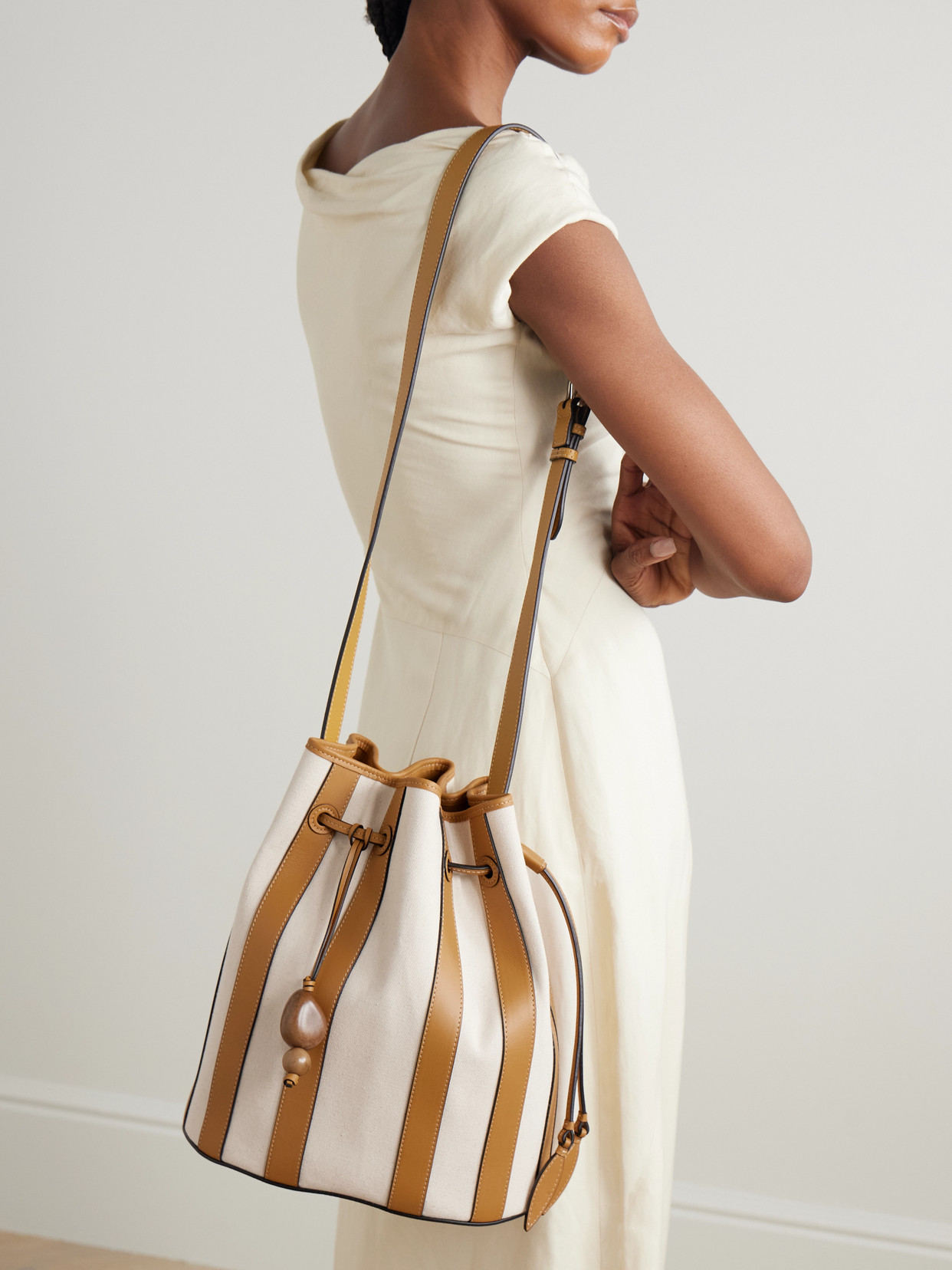 Hunting Season Extra Large Drawstring Leather-trimmed Striped Canvas Bucket Bag