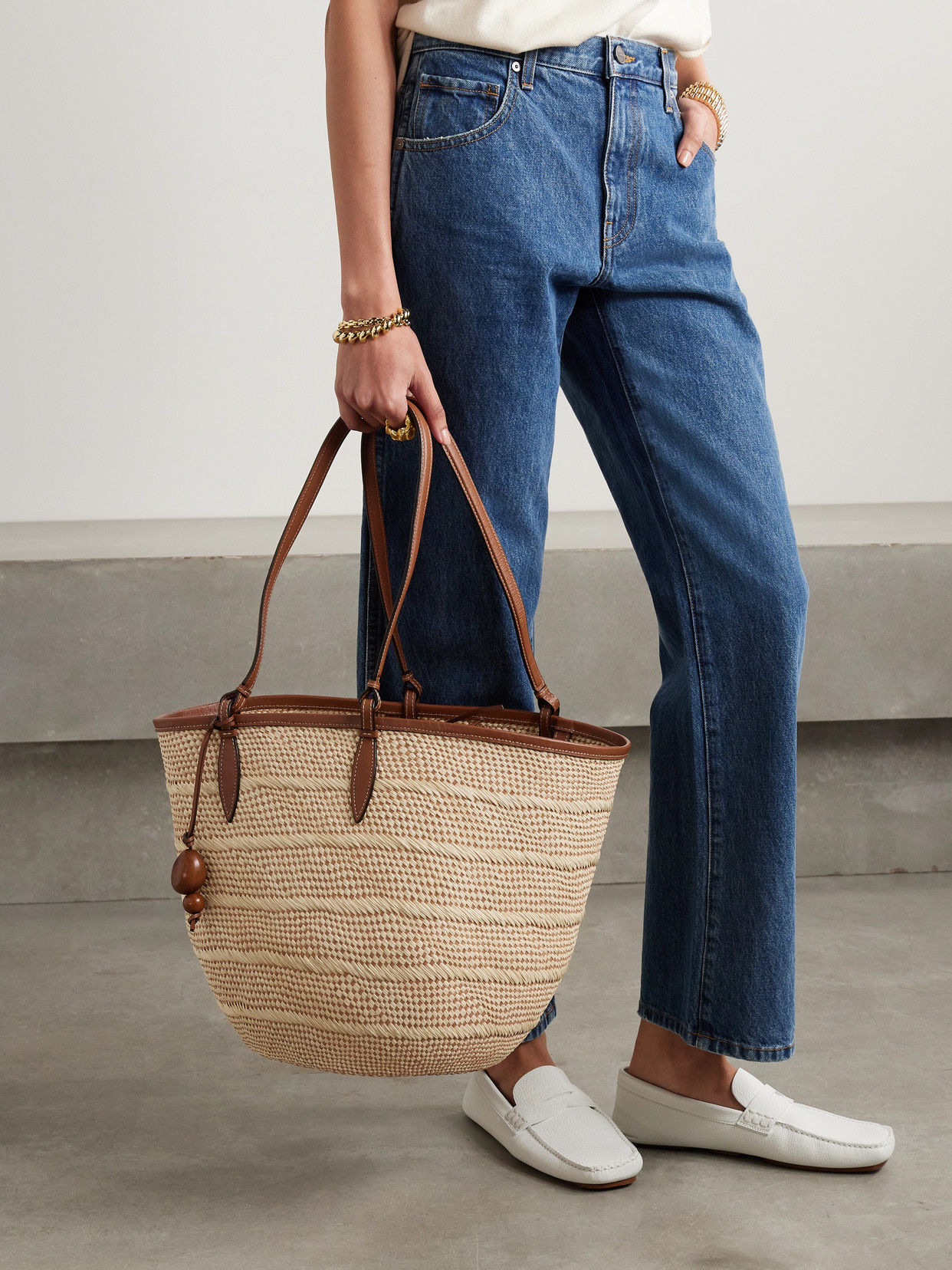 Hunting Season Basket Medium Leather-trimmed Woven Iraca Tote