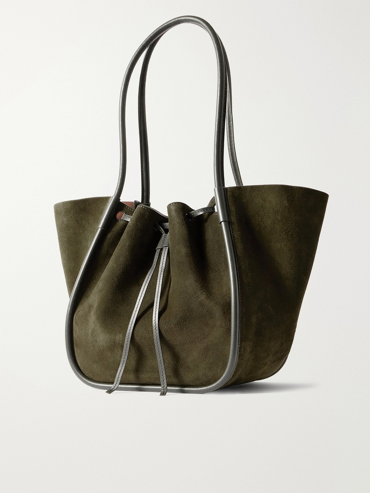 Large Leather-Trimmed Ruched Suede Tote