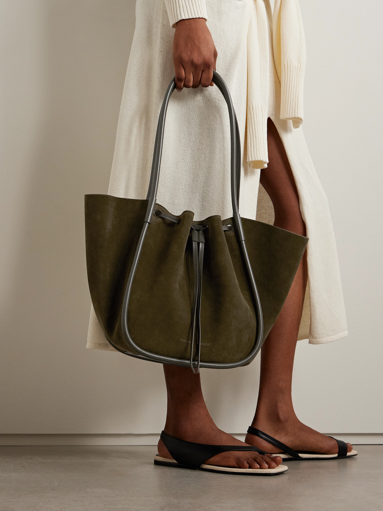 Large Leather-Trimmed Ruched Suede Tote