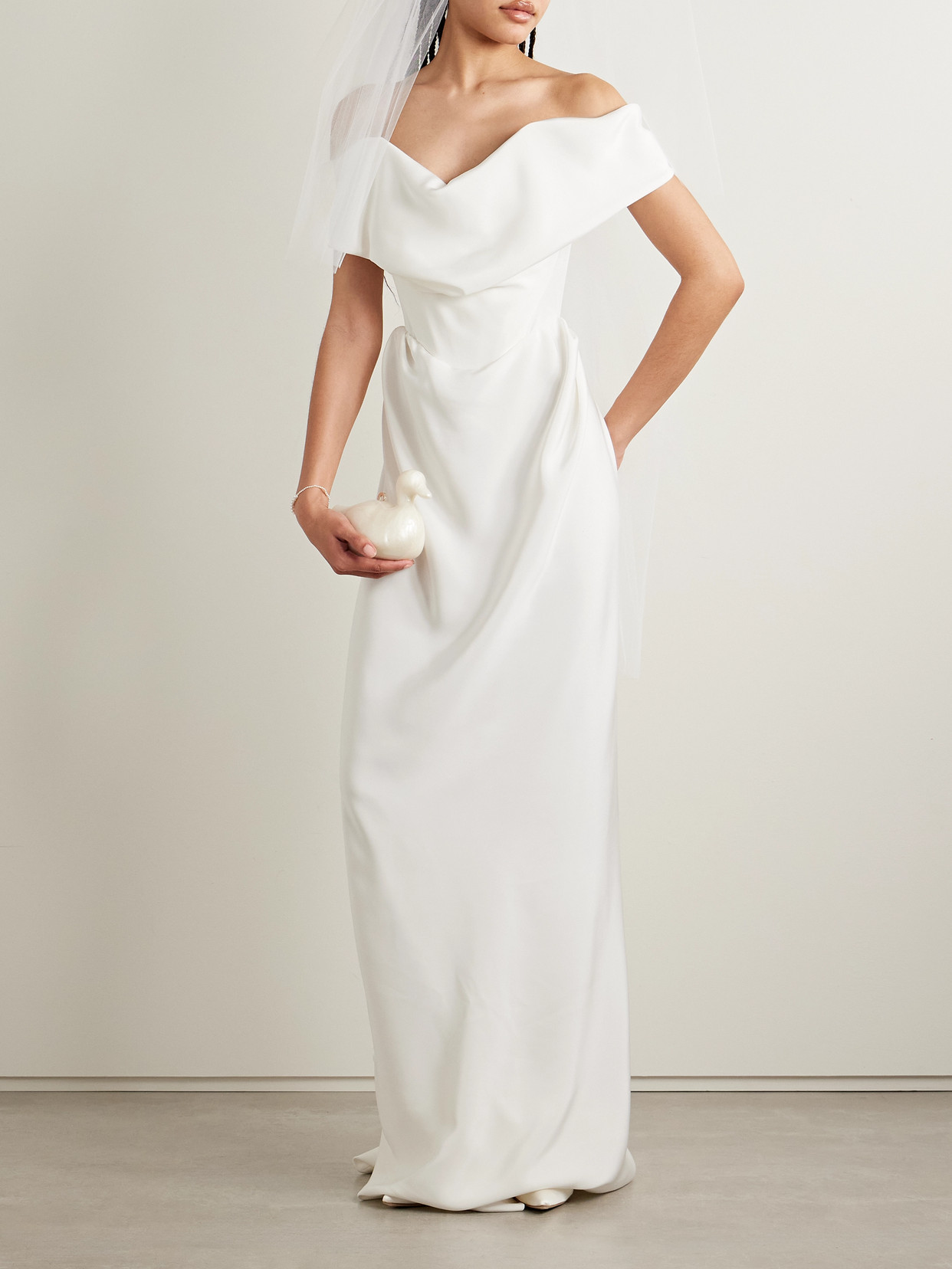 Vivienne Westwood Nova Cocotte Off-the-shoulder Draped Silk-crepe Gown In Off-white