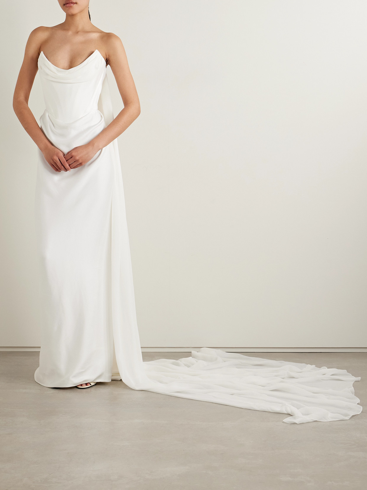 Vivienne Westwood Galaxy Cape-effect Strapless Organic Silk Chiffon-trimmed Satin Gown In Off-white