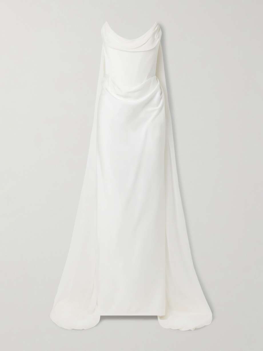 galaxy cape-effect strapless organic silk chiffon-trimmed satin gown