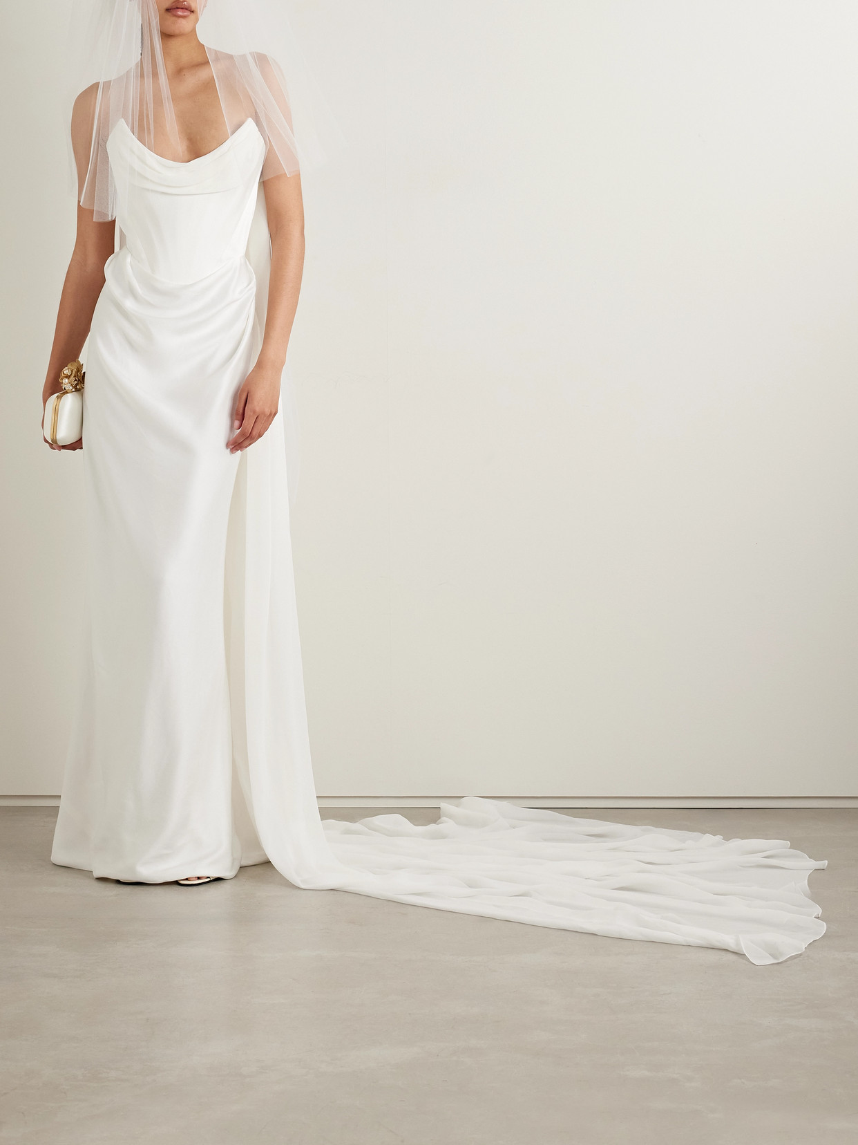 Vivienne Westwood Galaxy Cape-effect Strapless Organic Silk Chiffon-trimmed Satin Gown In Off-white