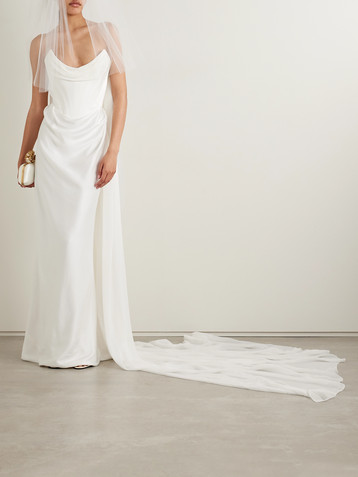 Vivienne Westwood Galaxy cape-effect strapless organic silk chiffon-trimmed satin gown