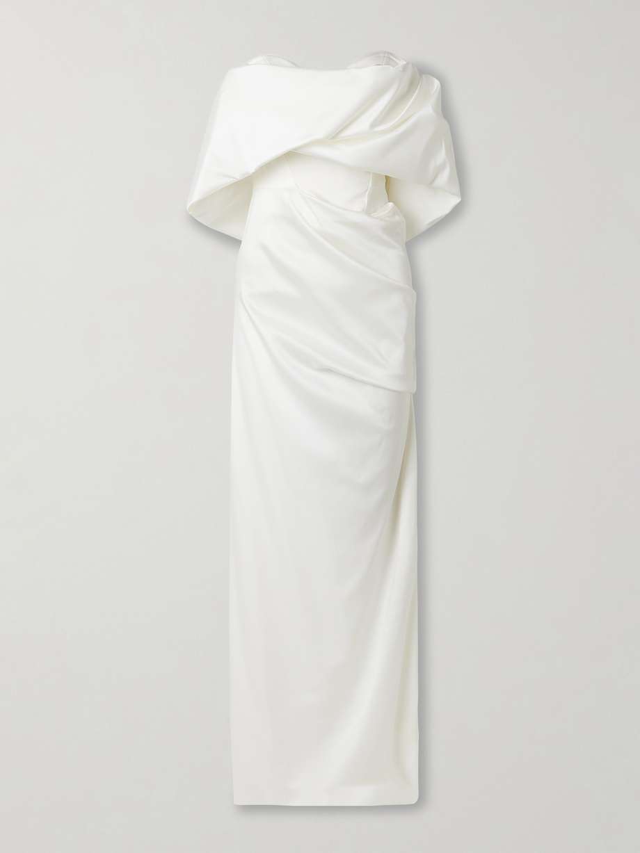 sybyl off-the-shoulder draped satin gown