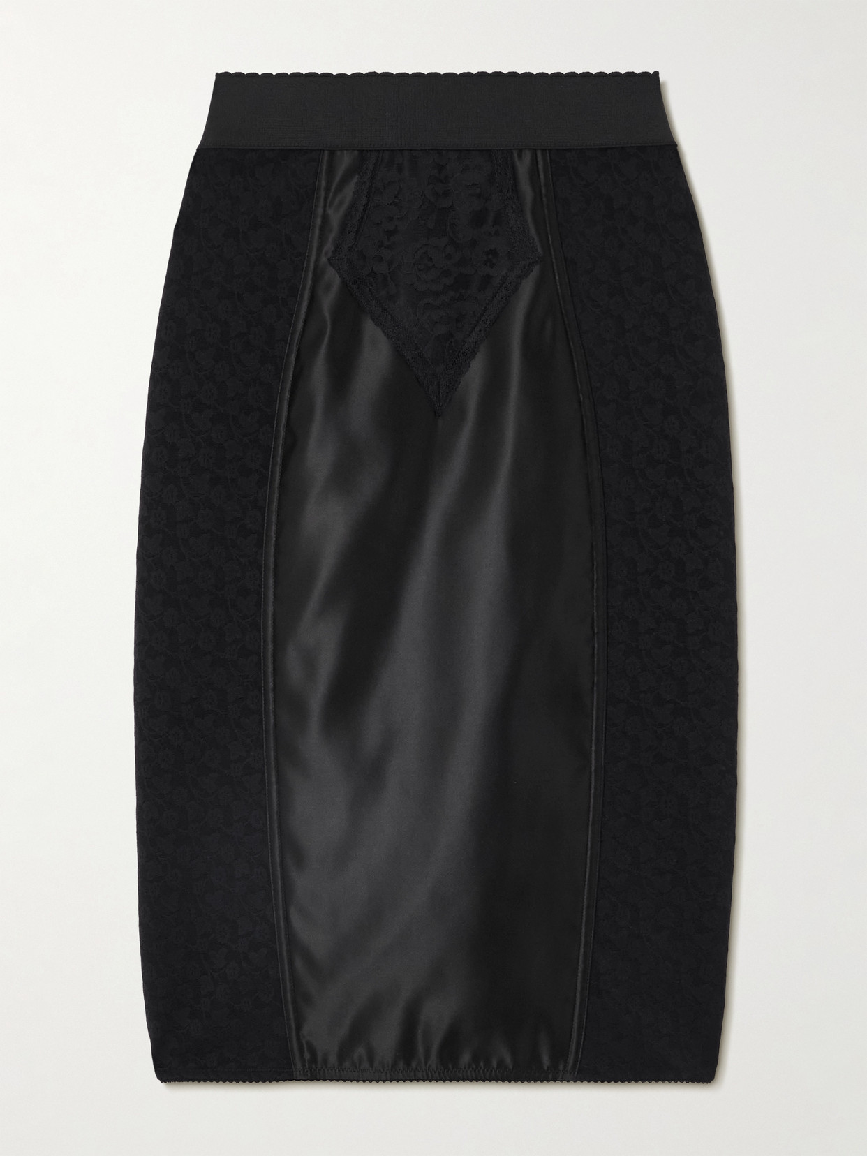 Dolce & Gabbana Paneled Satin And Lace Midi Skirt In Black