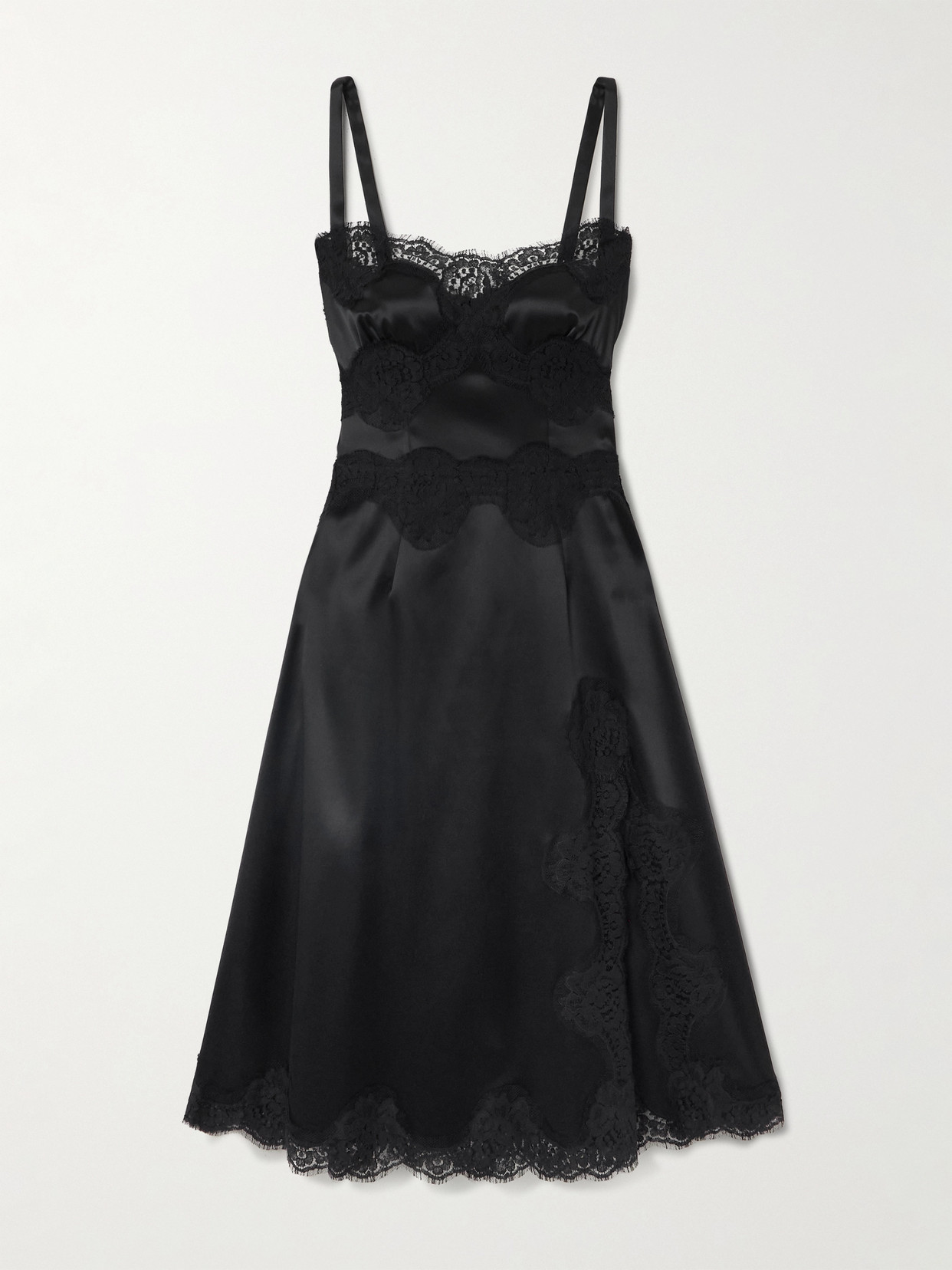 Dolce & Gabbana Lace-trimmed Satin Midi Dress In Black