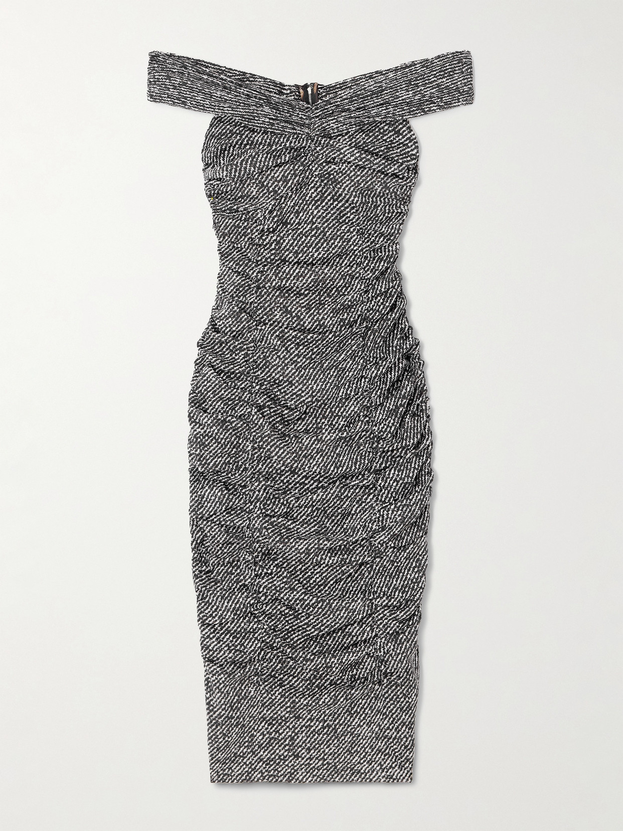 Dolce & Gabbana Off-the-shoulder Gathered Printed Silk-blend Midi Dress In Gray