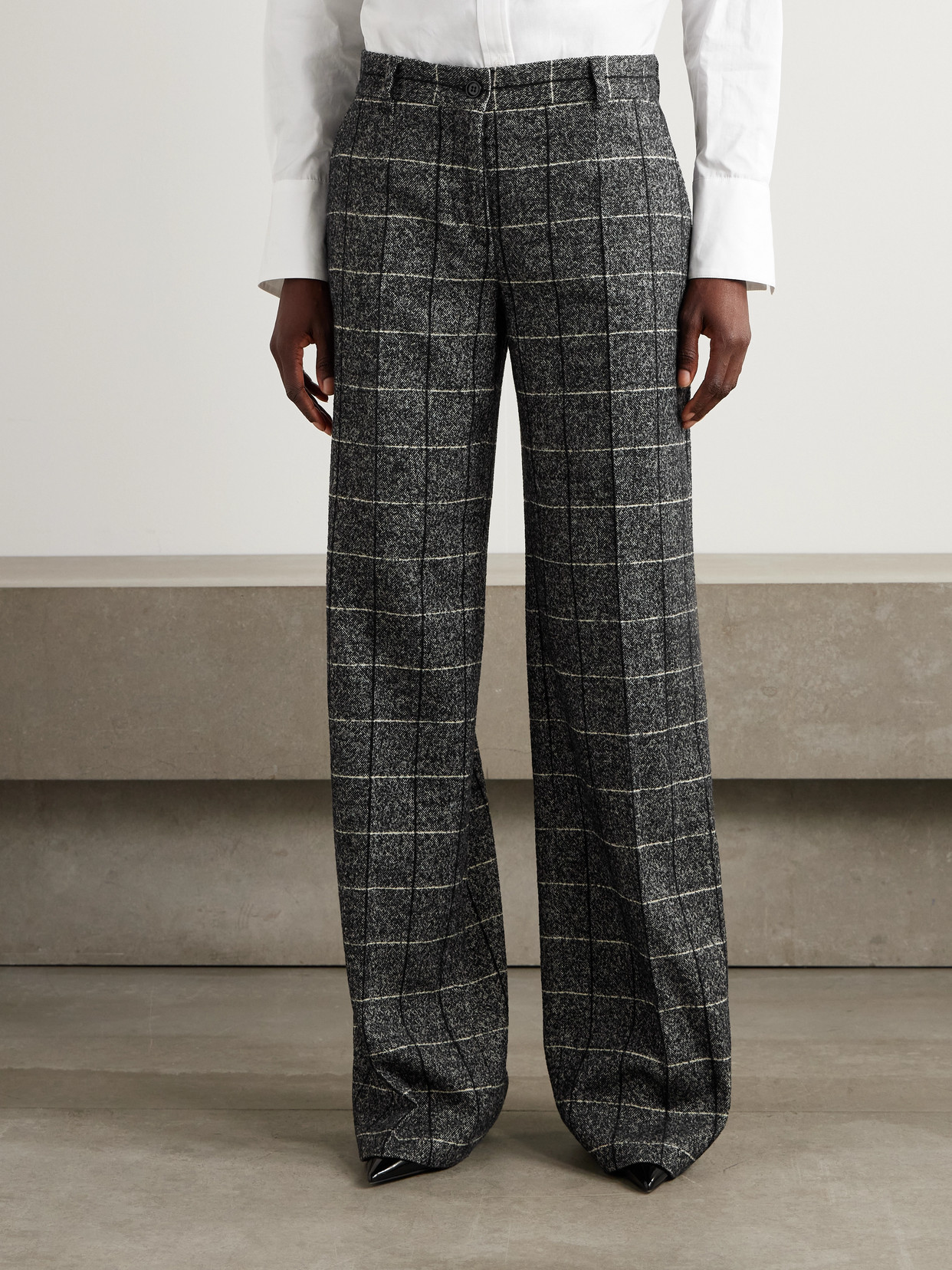 Dolce & Gabbana Checked Wool-blend Wide-leg Pants In Gray