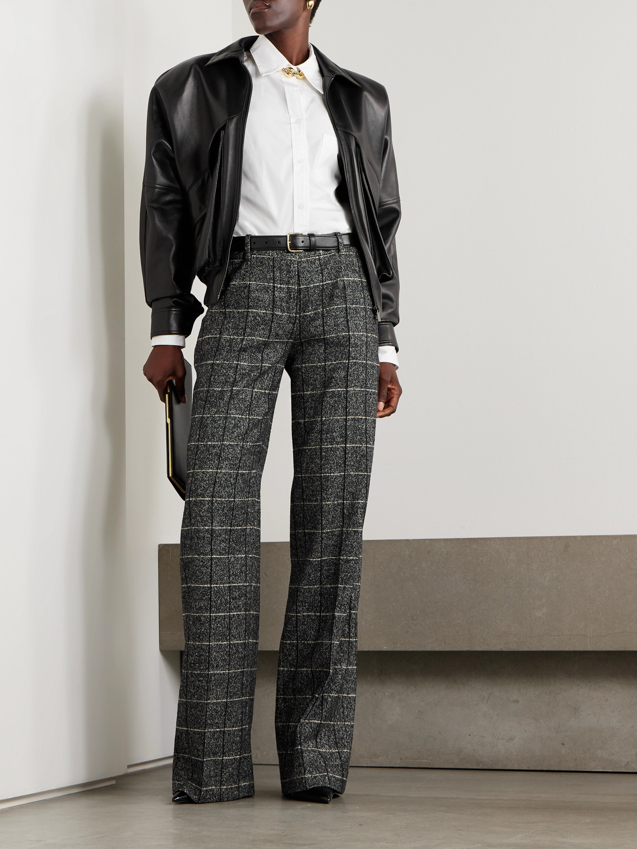 Dolce & Gabbana Checked Wool-blend Wide-leg Pants In Gray