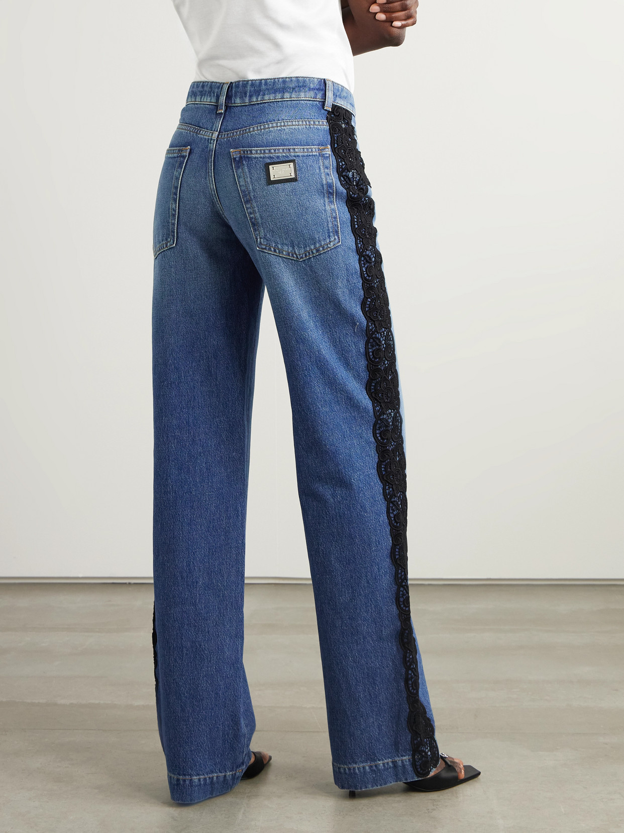 Lace-Trimmed Mid-Rise Straight-Leg Jeans