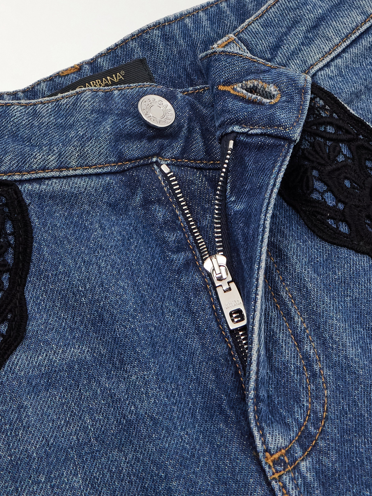 Lace-Trimmed Mid-Rise Straight-Leg Jeans