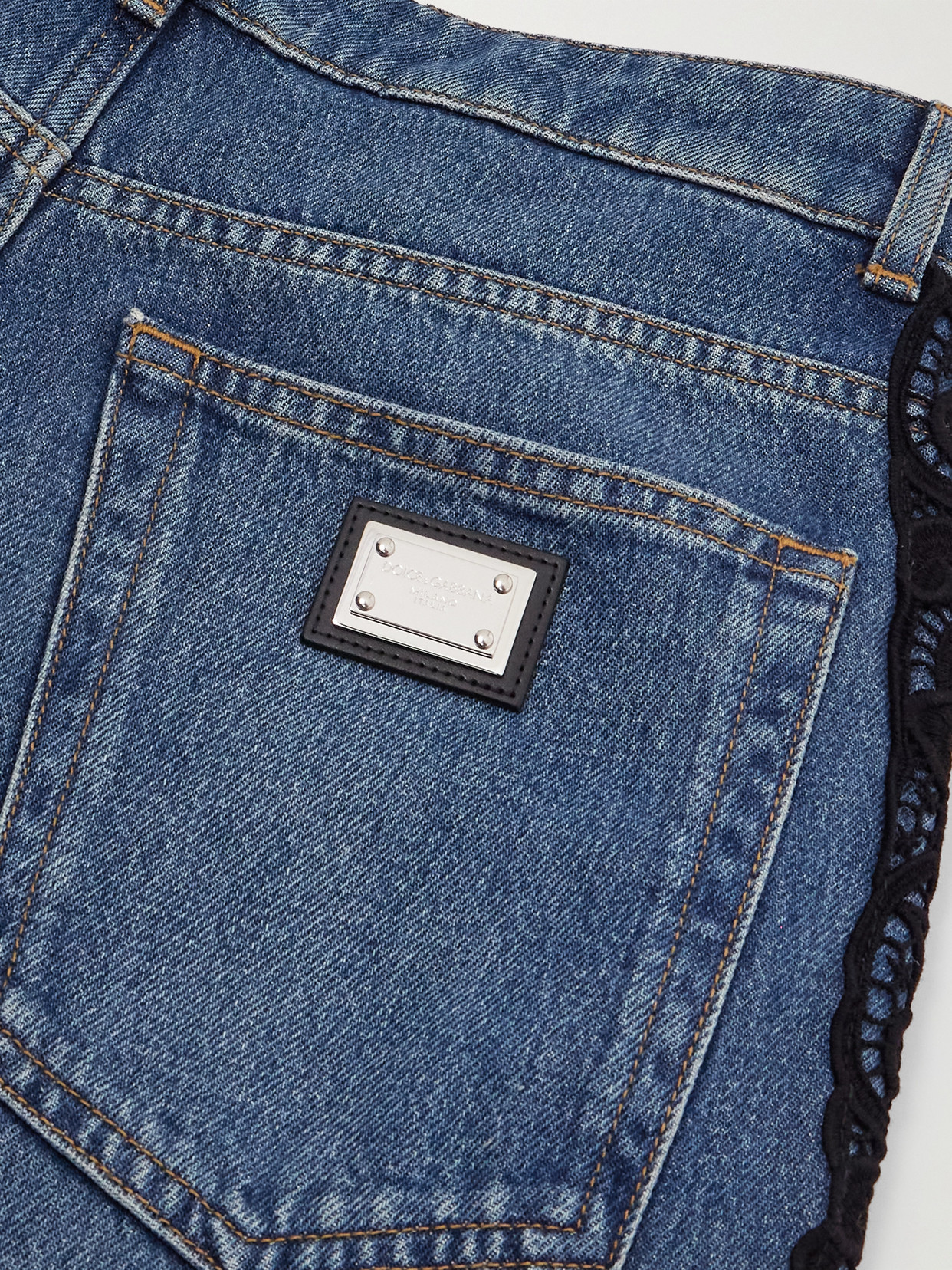 Lace-Trimmed Mid-Rise Straight-Leg Jeans