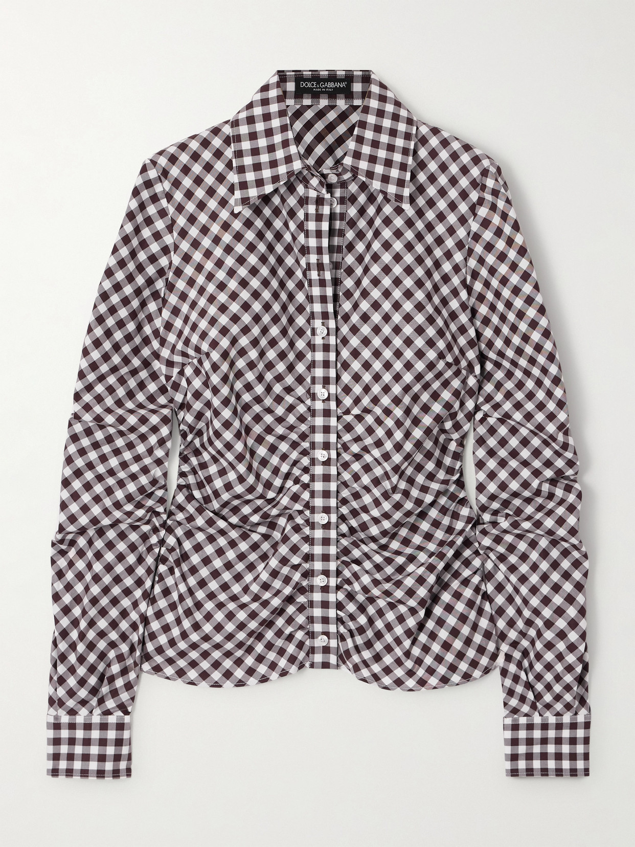 Dolce & Gabbana Ruched Gingham Cotton Shirt In Brown