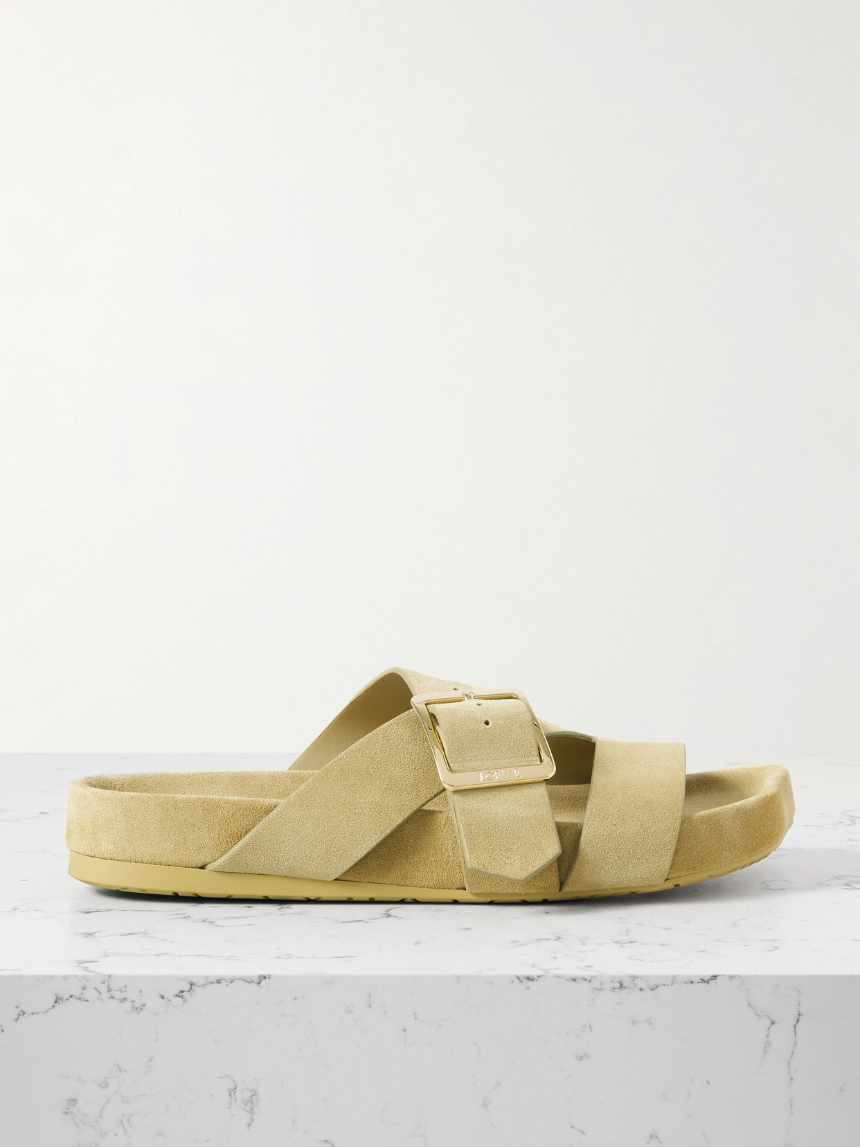 Loewe Ease Buckled Suede Slides In Neutral