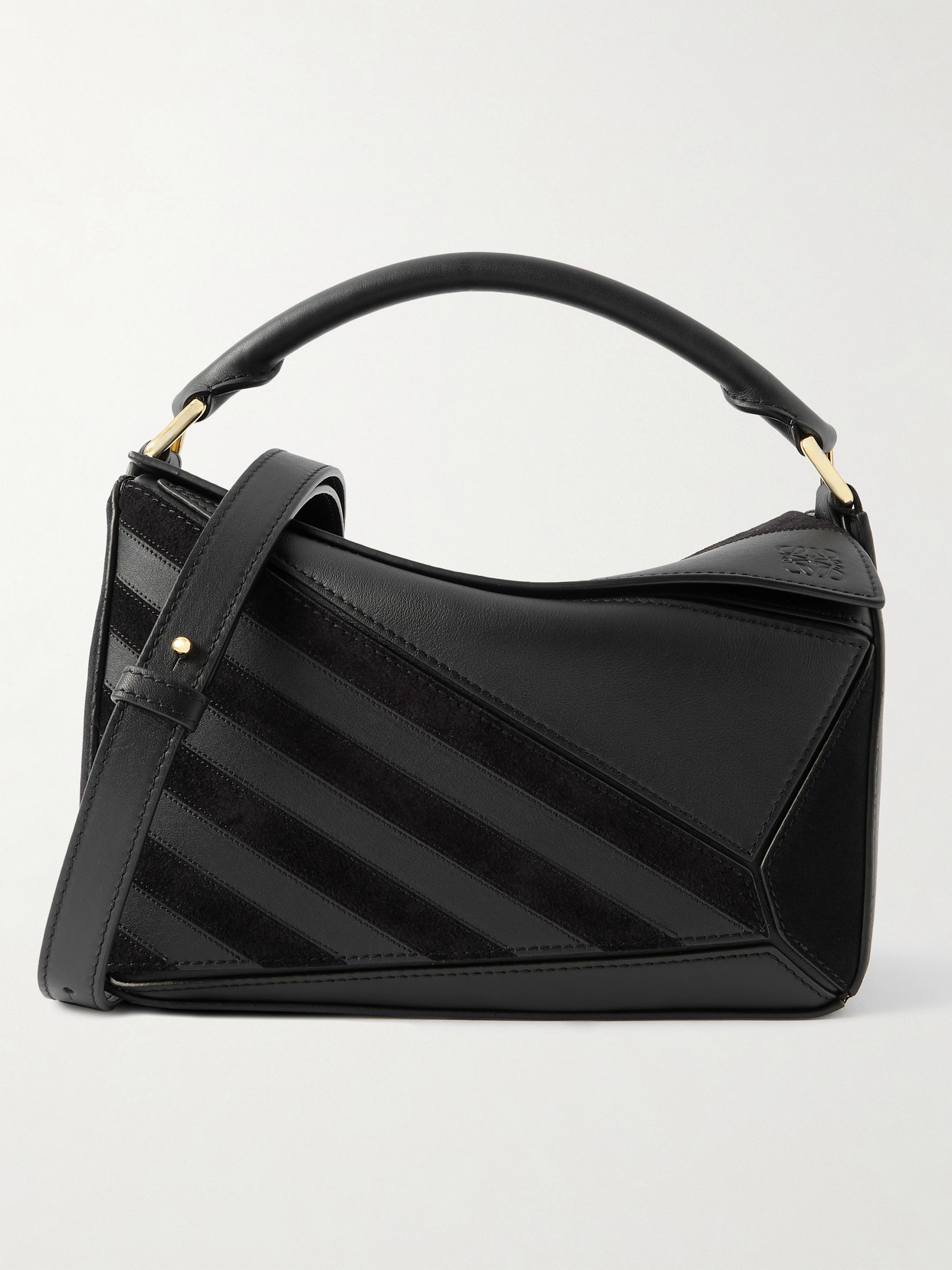 Loewe Puzzle Small Suede-trimmed Leather Shoulder Bag In Black