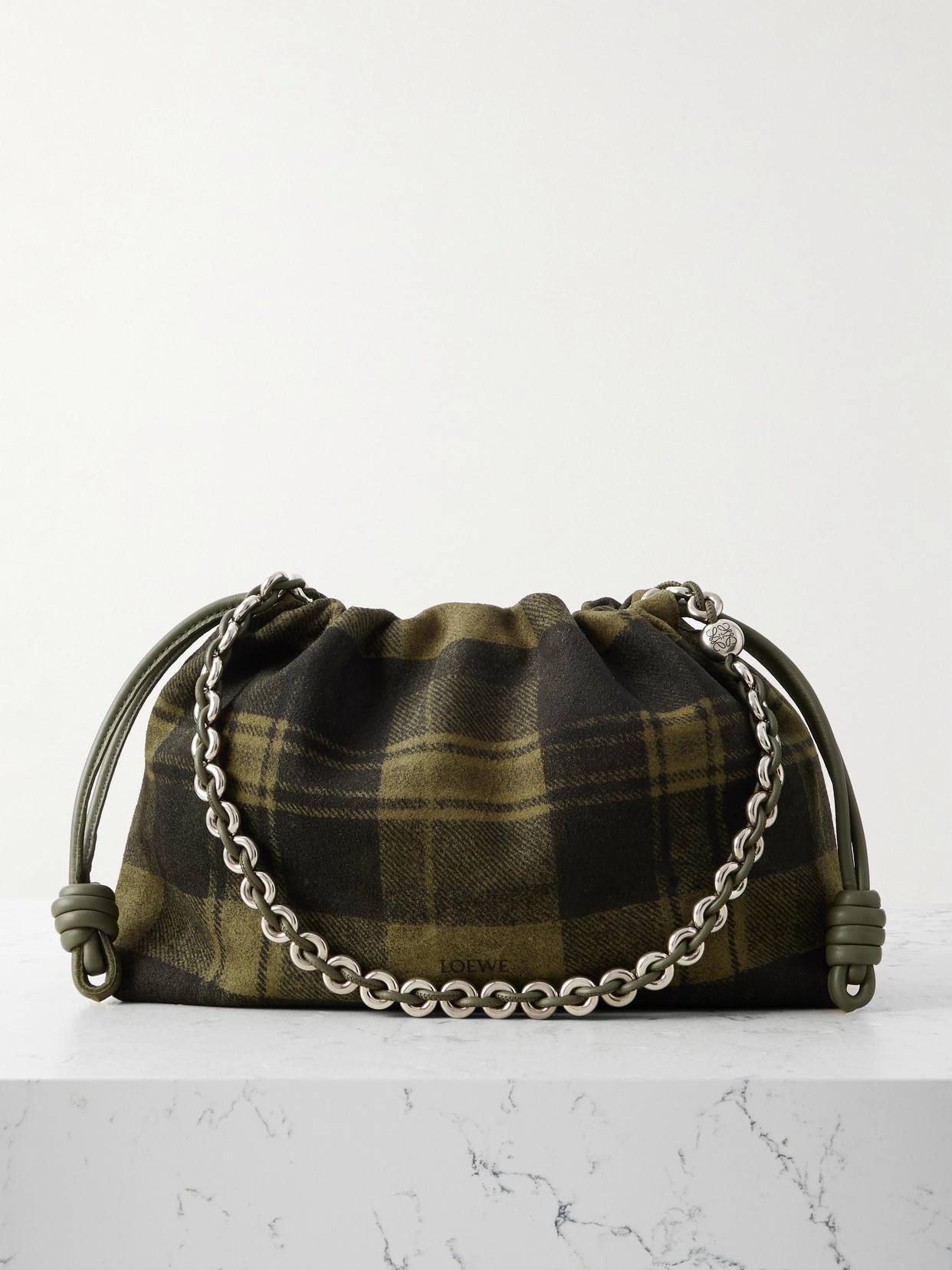Loewe Flamenco Medium Leather-trimmed Checked Suede Shoulder Bag In Green