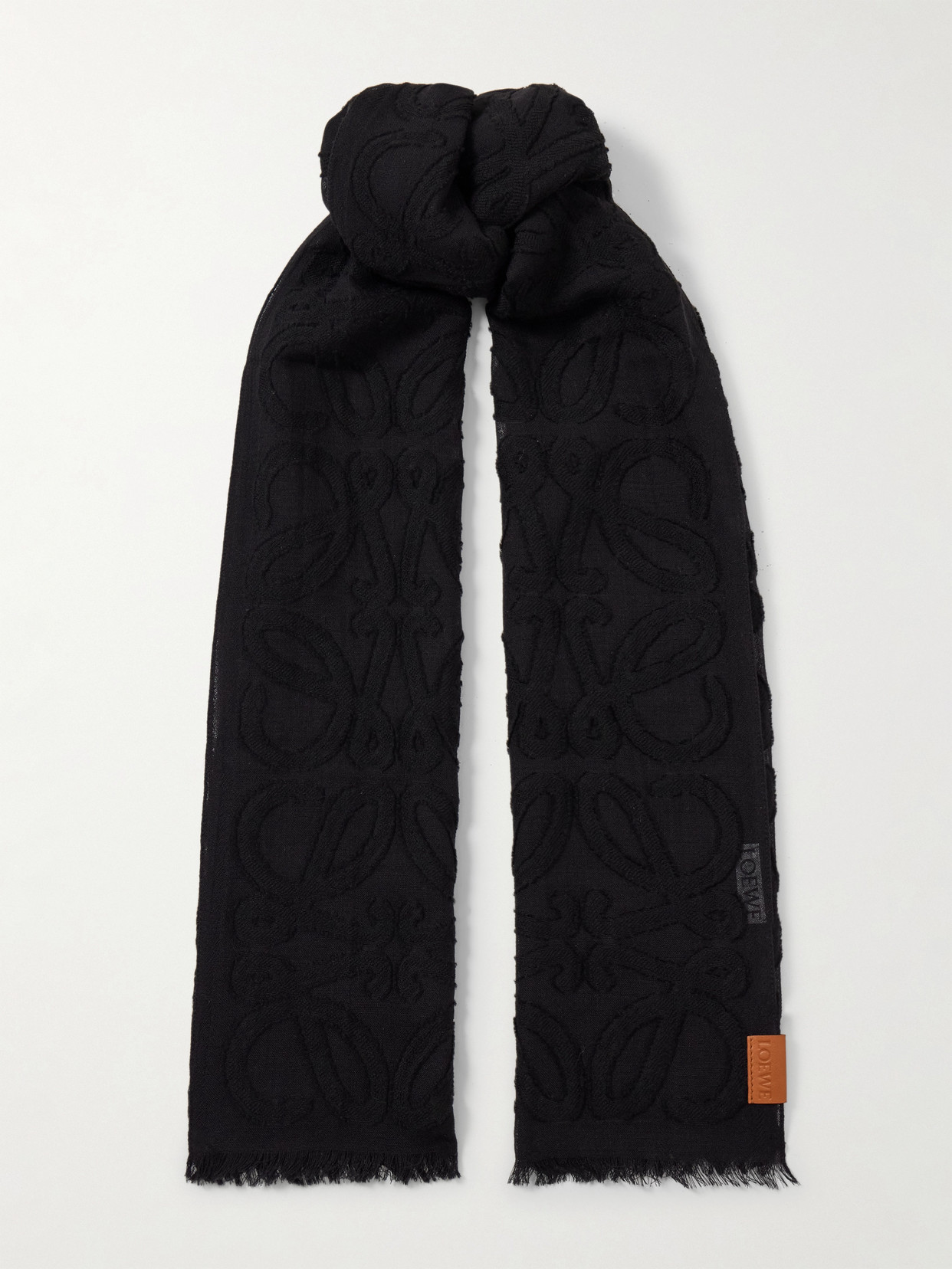 Loewe Frayed Wool And Silk-blend Jacquard Scarf In Black