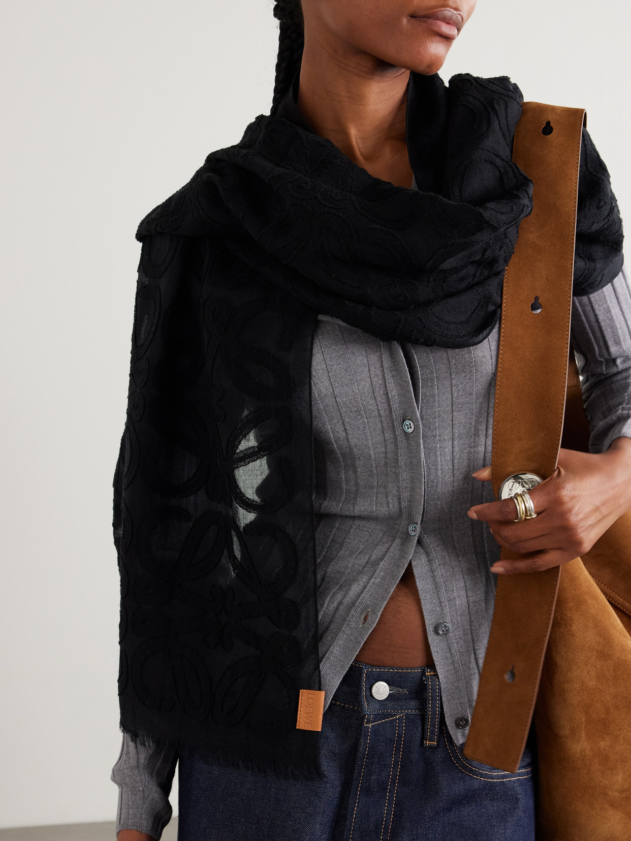 Loewe Frayed Wool And Silk-blend Jacquard Scarf