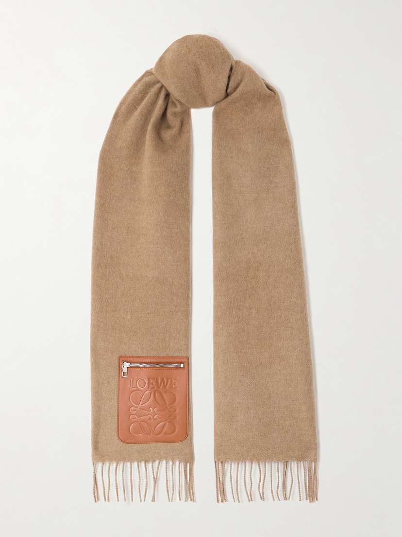 Loewe Leather-trimmed Fringed Wool And Cashmere-blend Scarf