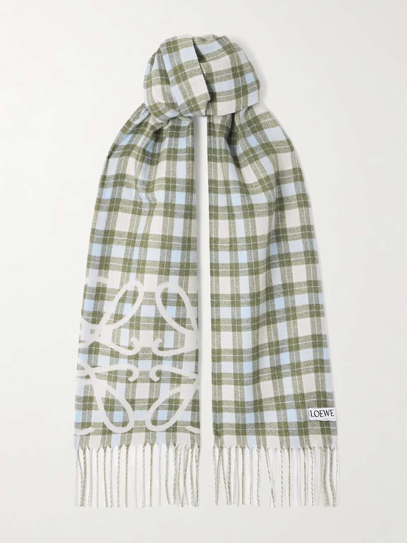 Loewe Reversible Fringed Checked Silk And Cashmere-blend Scarf