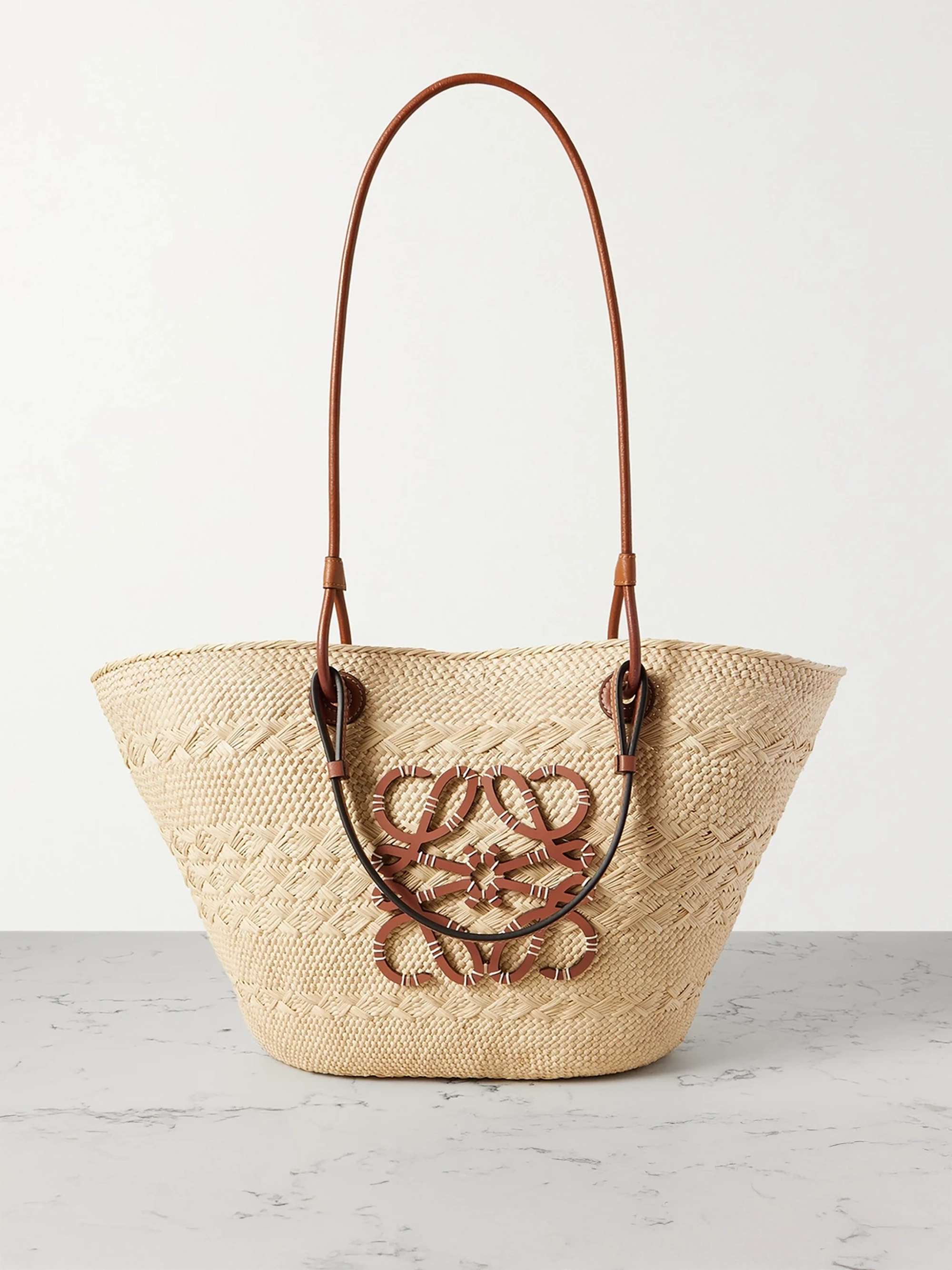 + Paula's Ibiza Anagram medium leather-trimmed woven raffia tote - tan - One Size