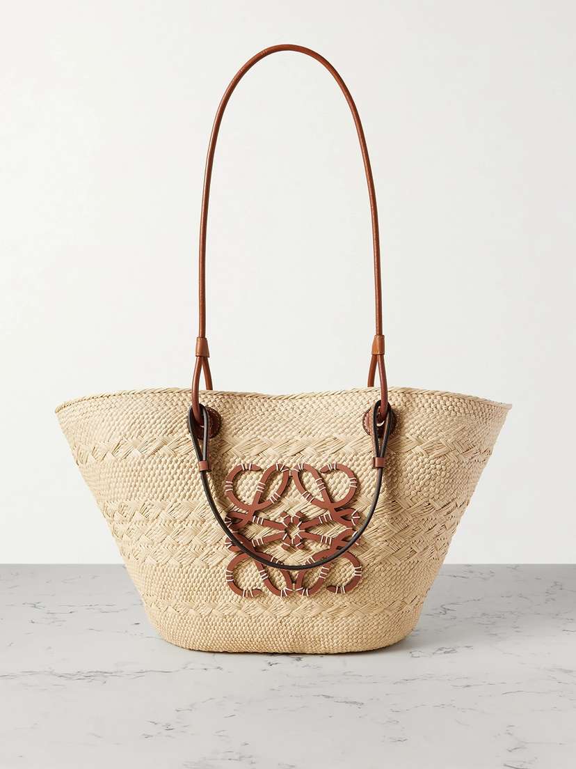 Loewe + Paula's Ibiza Anagram Medium Leather-trimmed Woven Raffia Tote