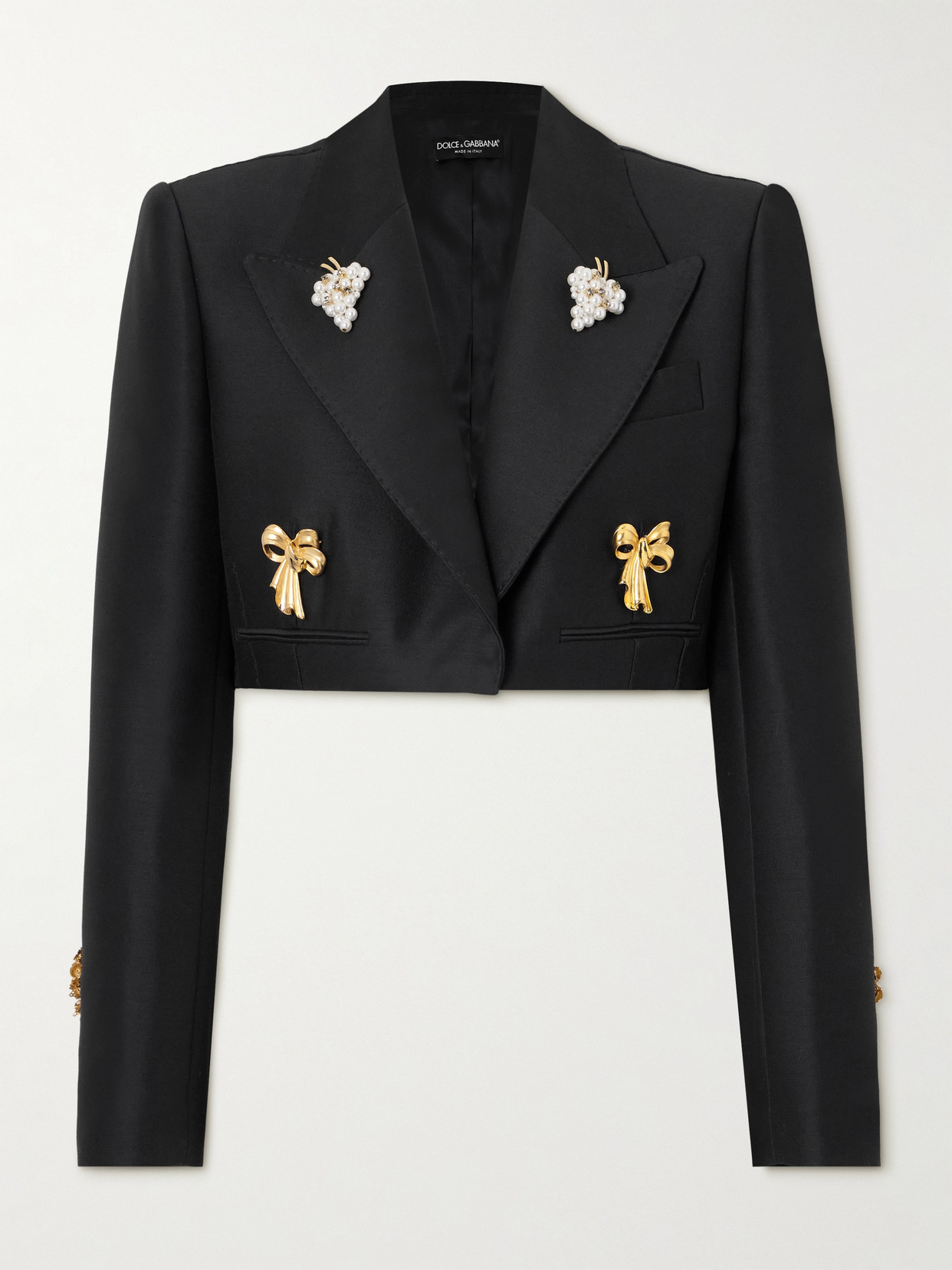 Dolce & Gabbana Cropped Embellished Wool And Silk-blend Satin Blazer In Black