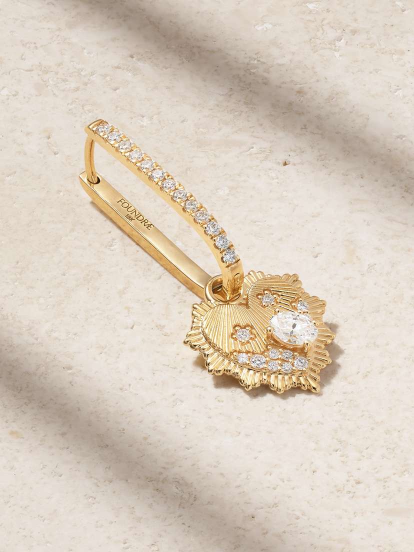 Foundrae Heart Love Token Mini Medallion + Large Pave Fob 18-karat Gold Diamond Single Earring