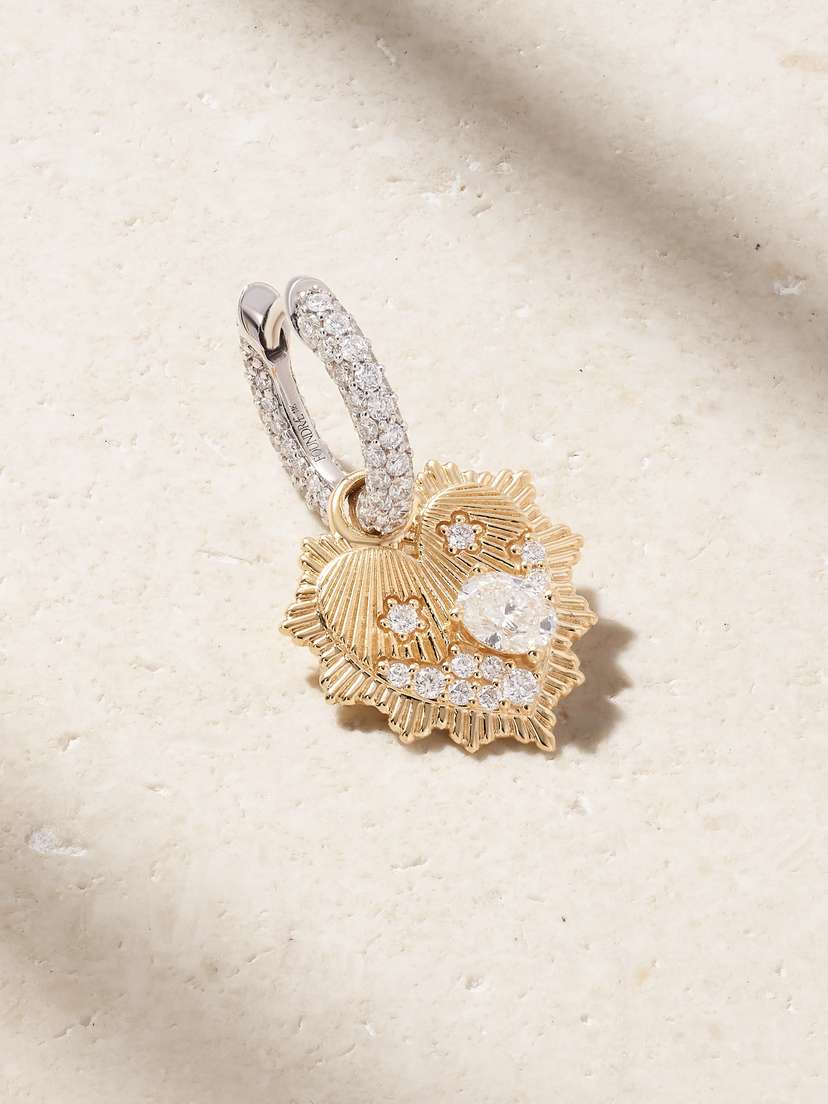 Foundrae Heart Love Token Mini Medallion + Petite Pave Chubby 18-karat White And Yellow Gold Diamond Single Earring