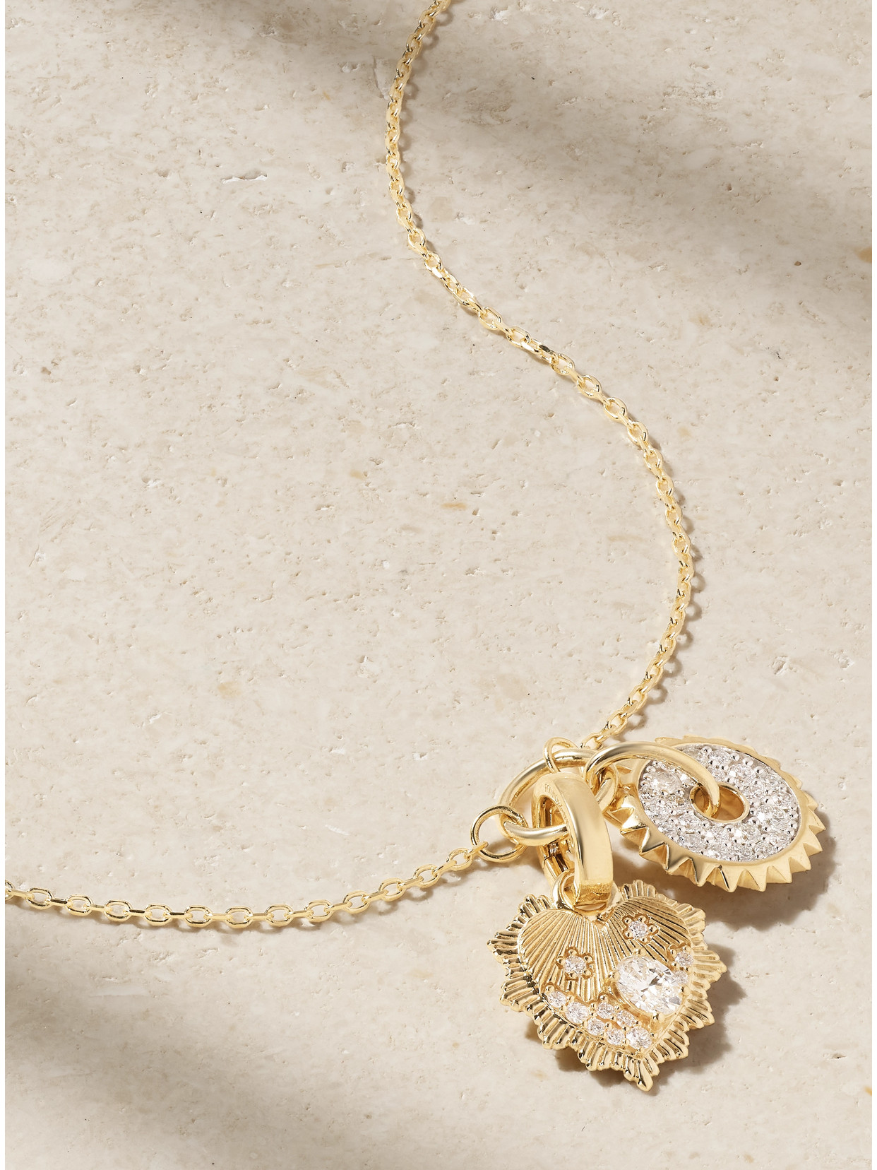 Foundrae - Heart Love Token Miniature Medallion + Pave Disk 18-karat Gold Diamond Necklace - One size
