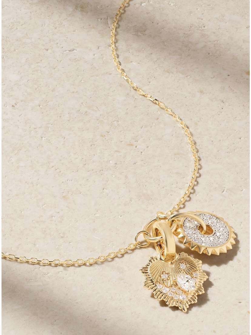 Foundrae Heart Love Token Miniature Medallion + Pave Disk 18-karat Gold Diamond Necklace