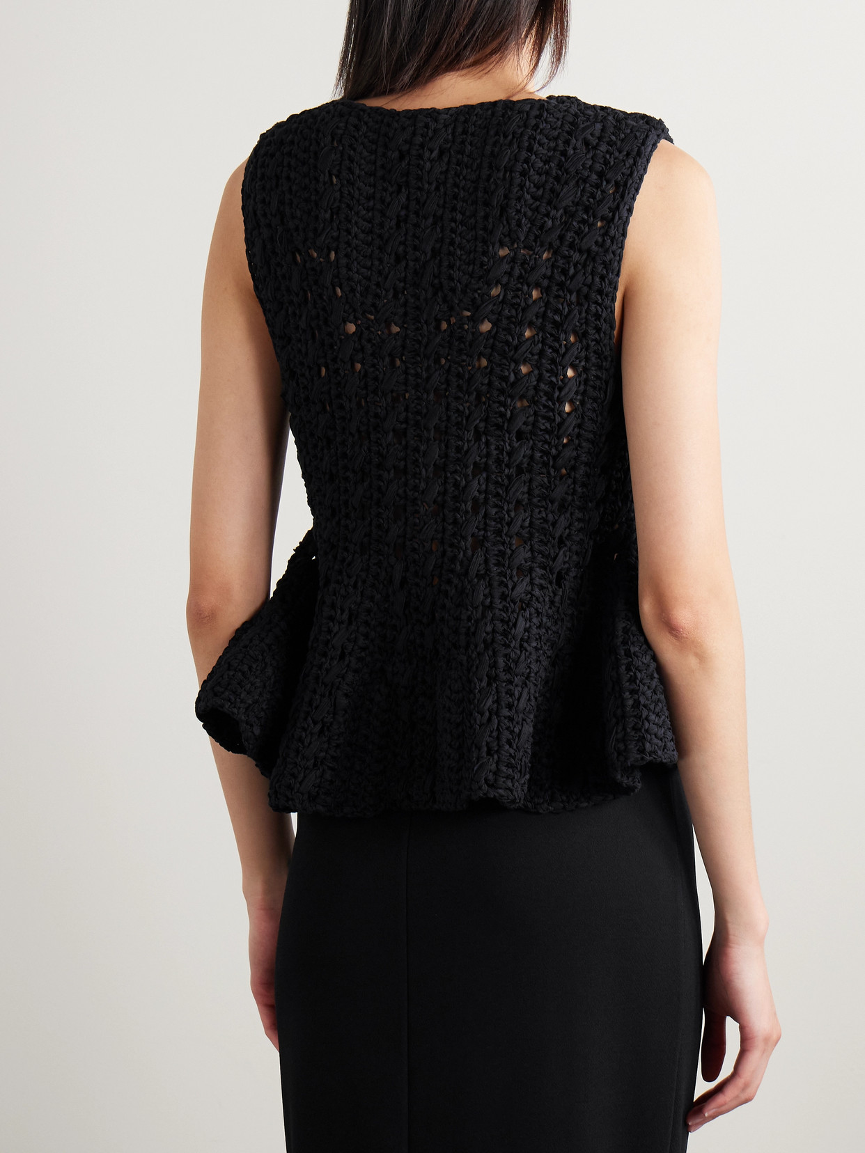 Khaite Yuka Open-knit Cotton-blend Peplum Tank In Black