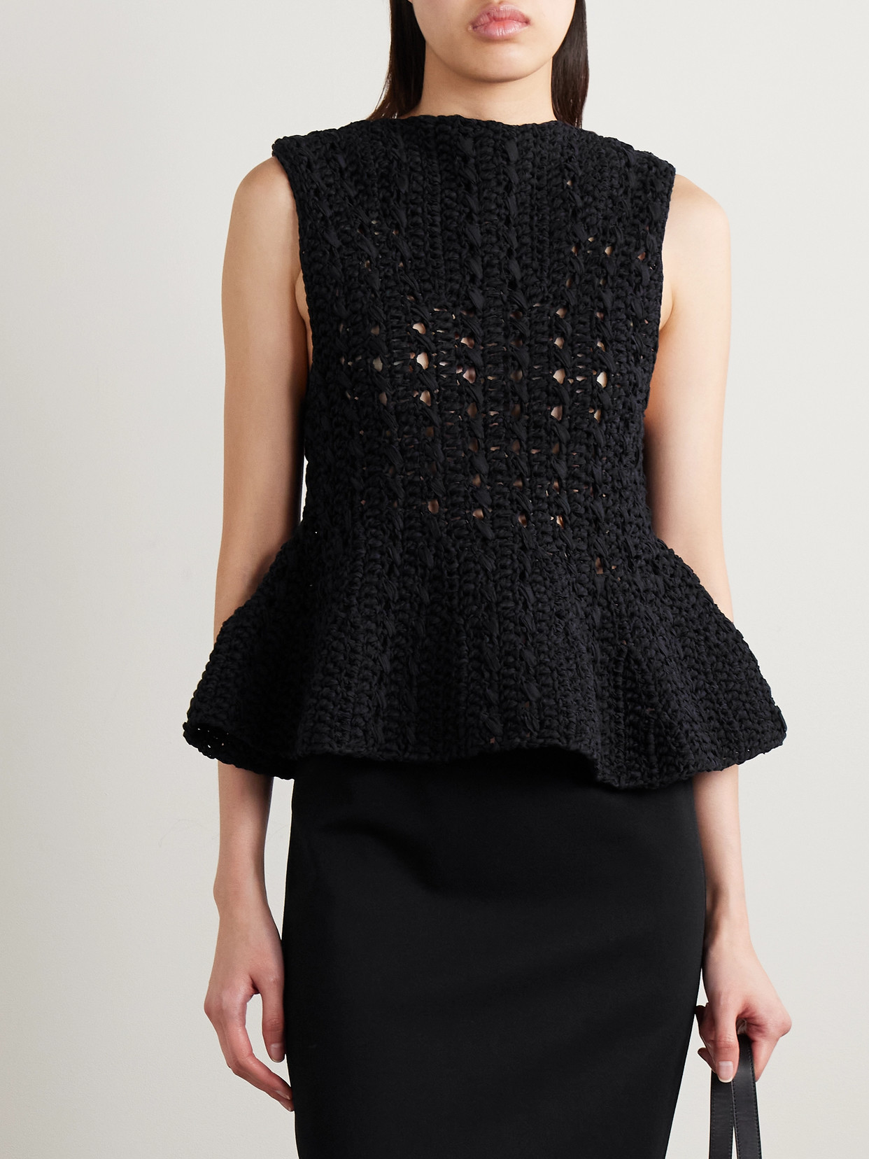 Khaite Yuka Open-knit Cotton-blend Peplum Tank In Black