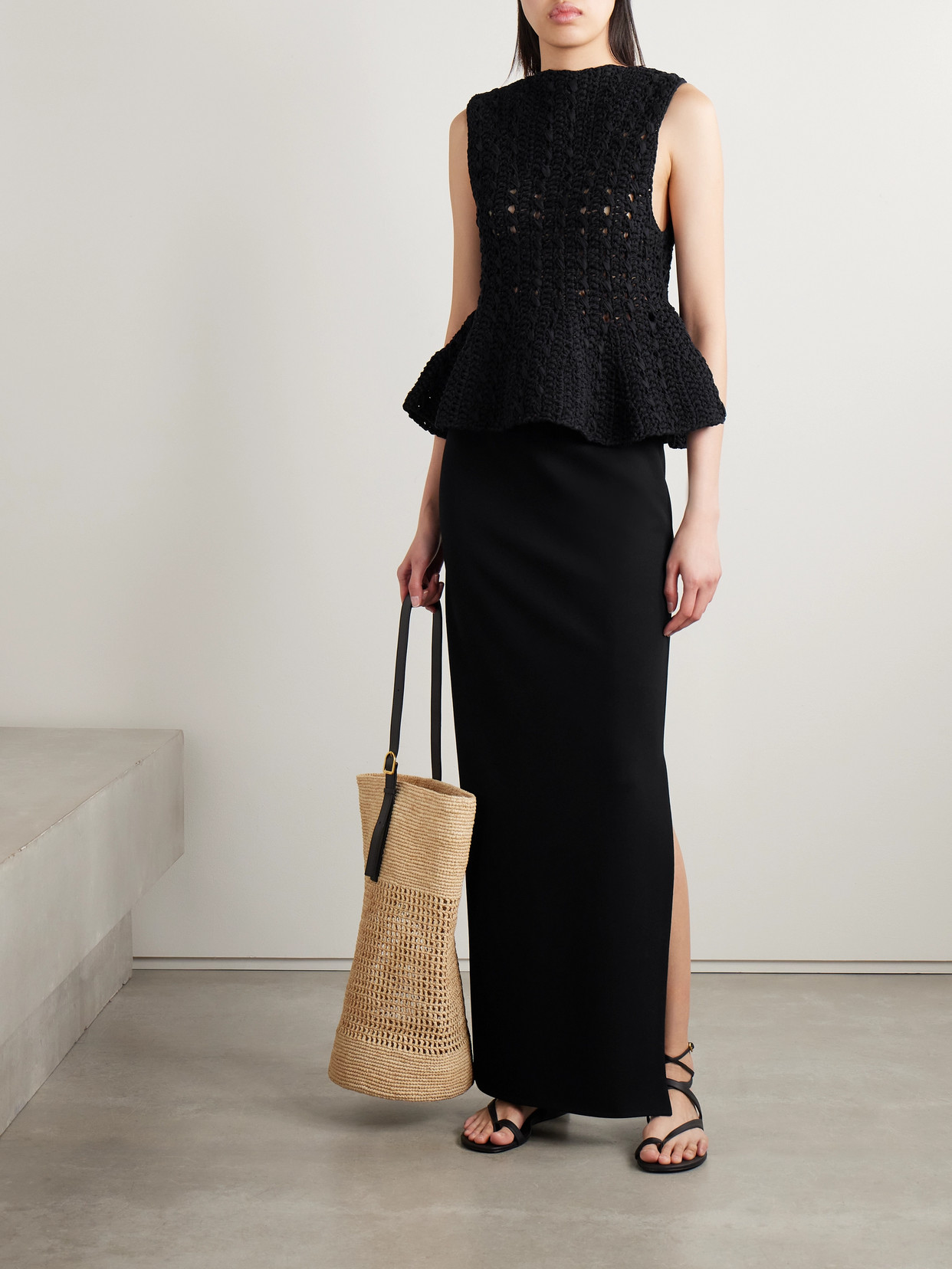 Khaite Yuka Open-knit Cotton-blend Peplum Tank In Black