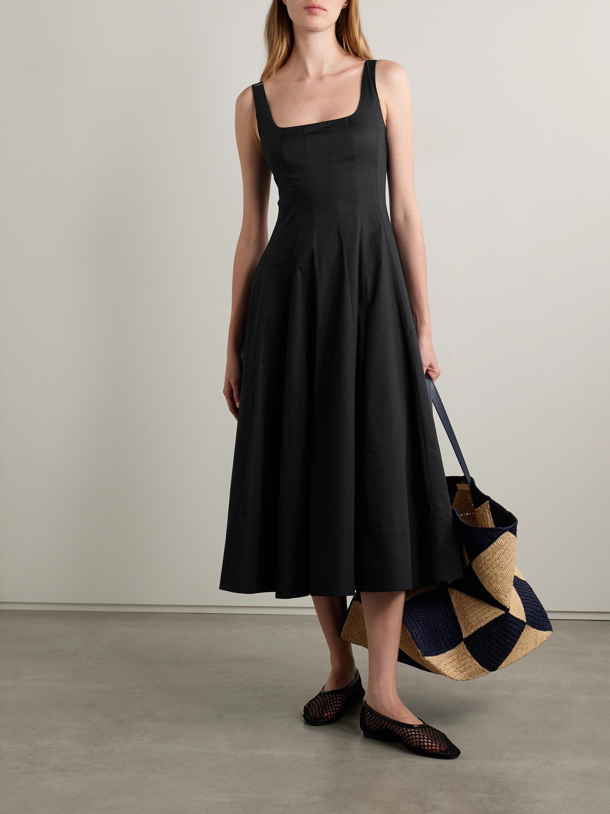 Staud Wells Pleated Cotton-blend Poplin Midi Dress