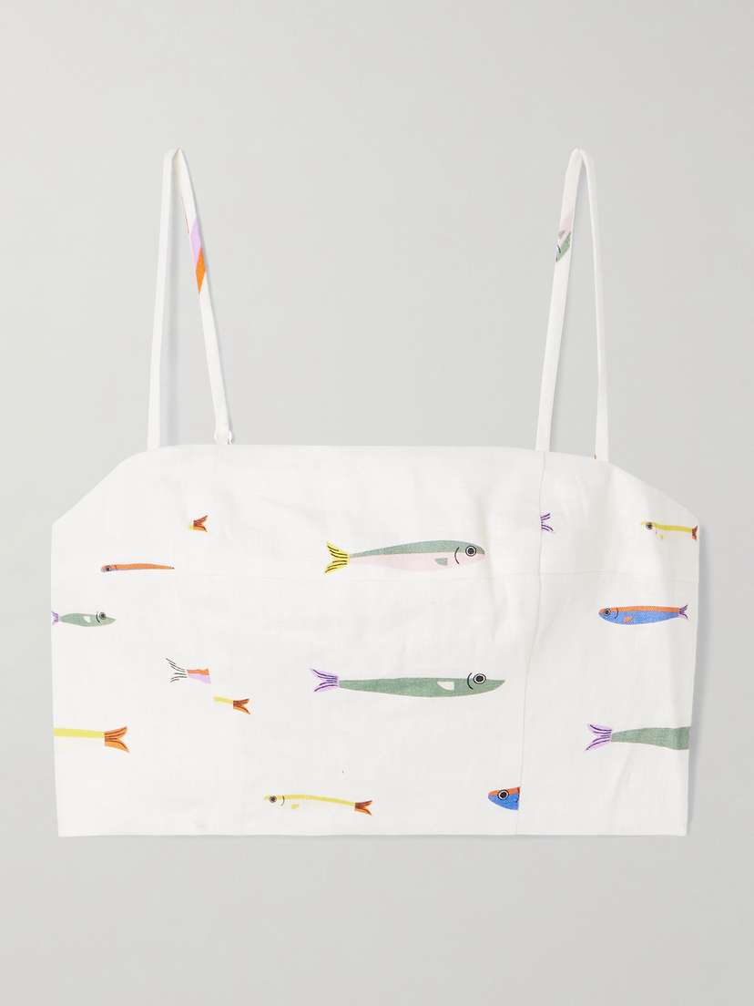 Staud Federico Cropped Printed Linen Top