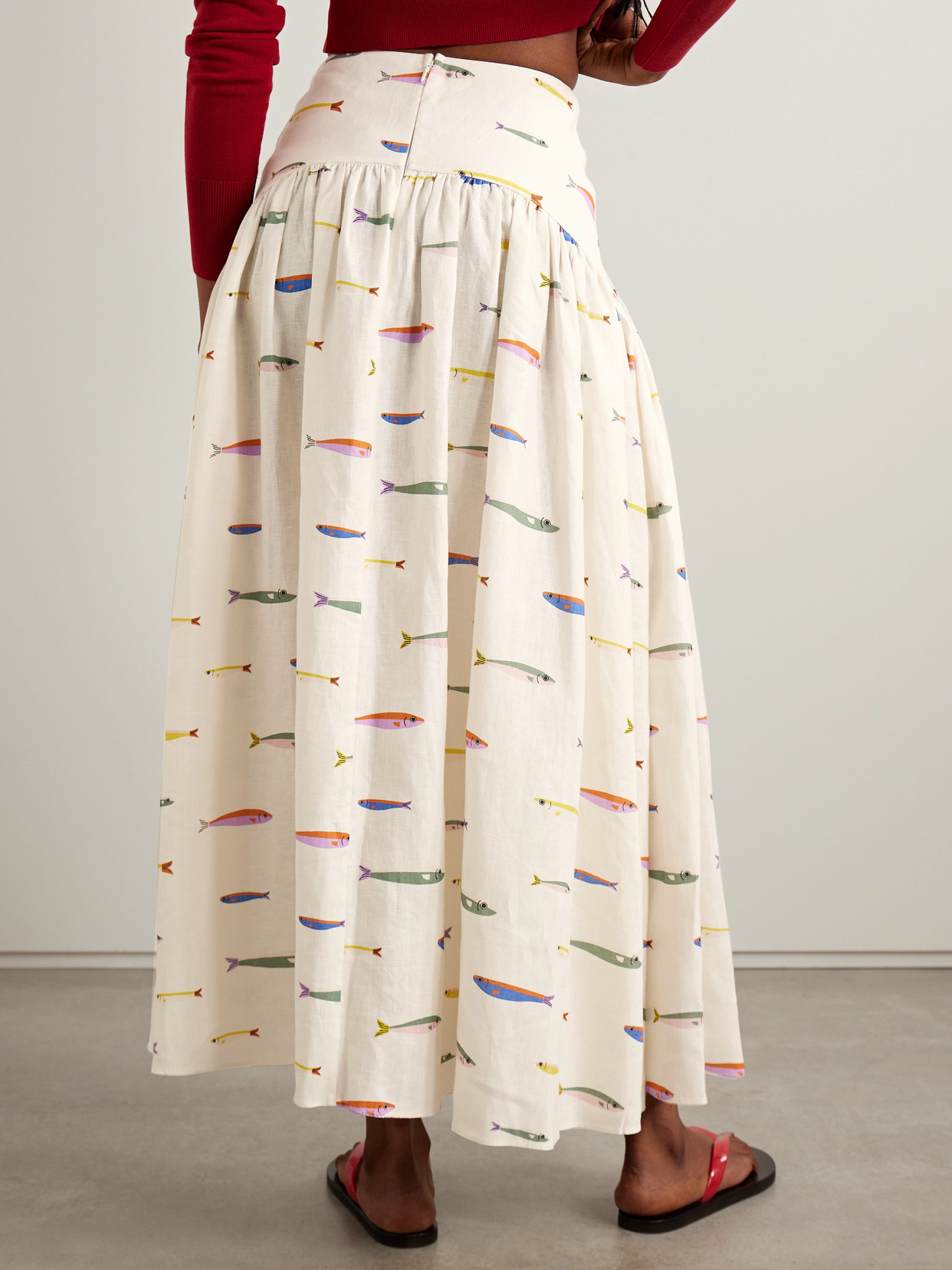 Staud Procida Gathered Printed Linen Maxi Skirt