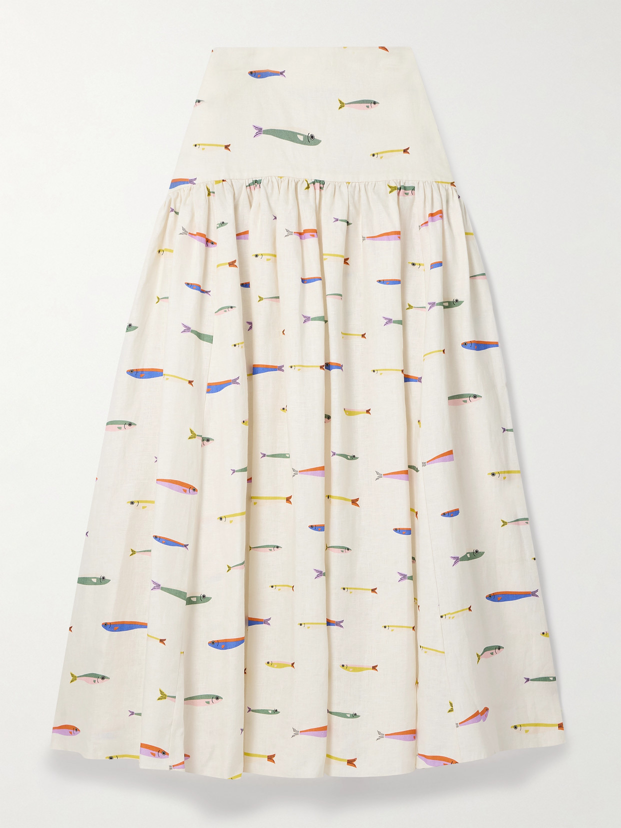 Staud Procida Gathered Printed Linen Maxi Skirt