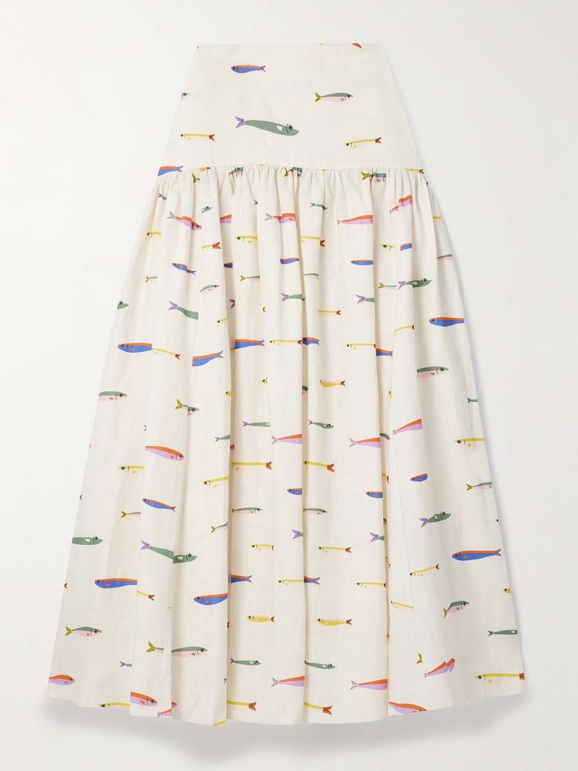 Staud Procida Gathered Printed Linen Maxi Skirt