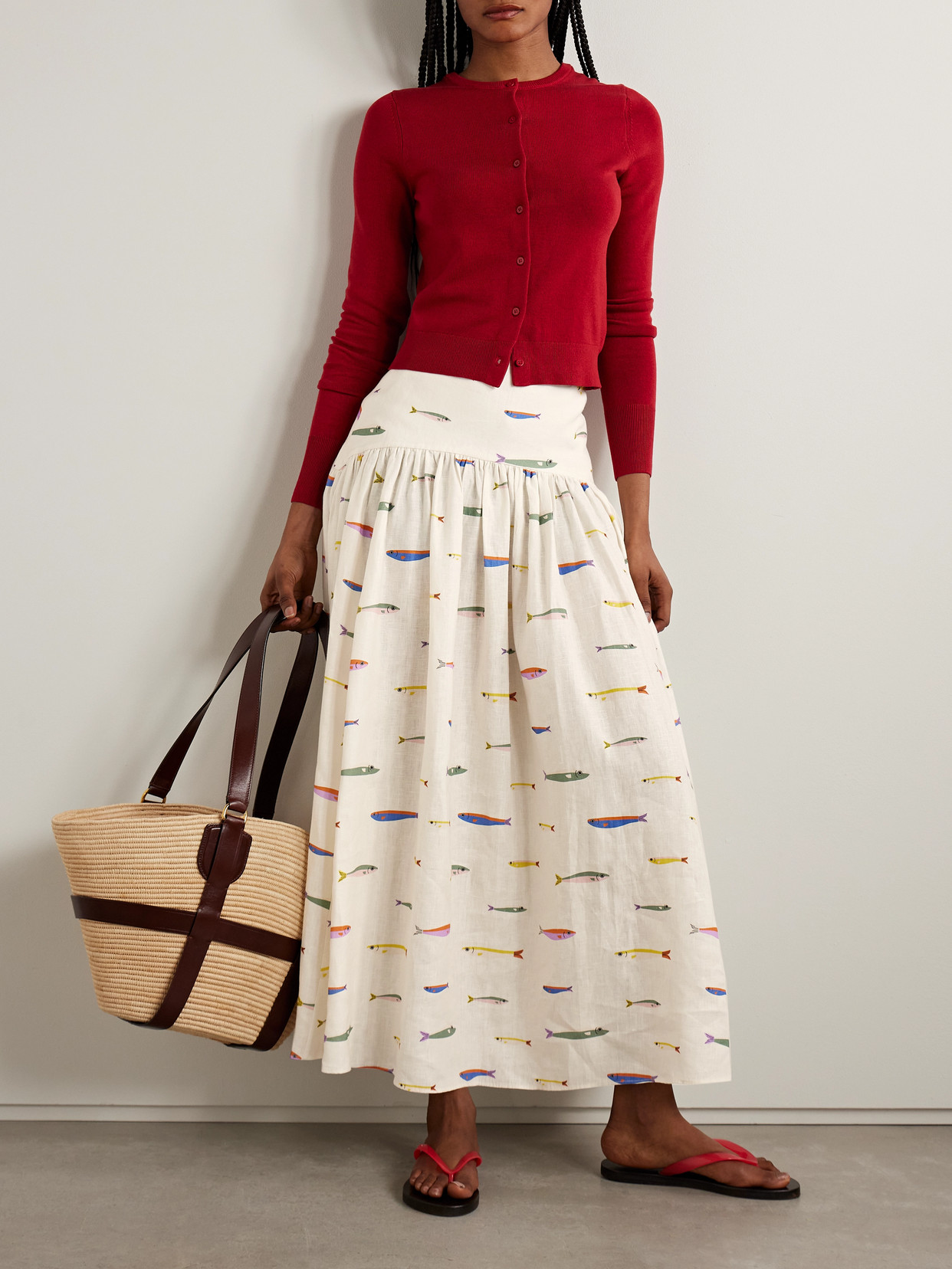 Staud Procida Gathered Printed Linen Maxi Skirt