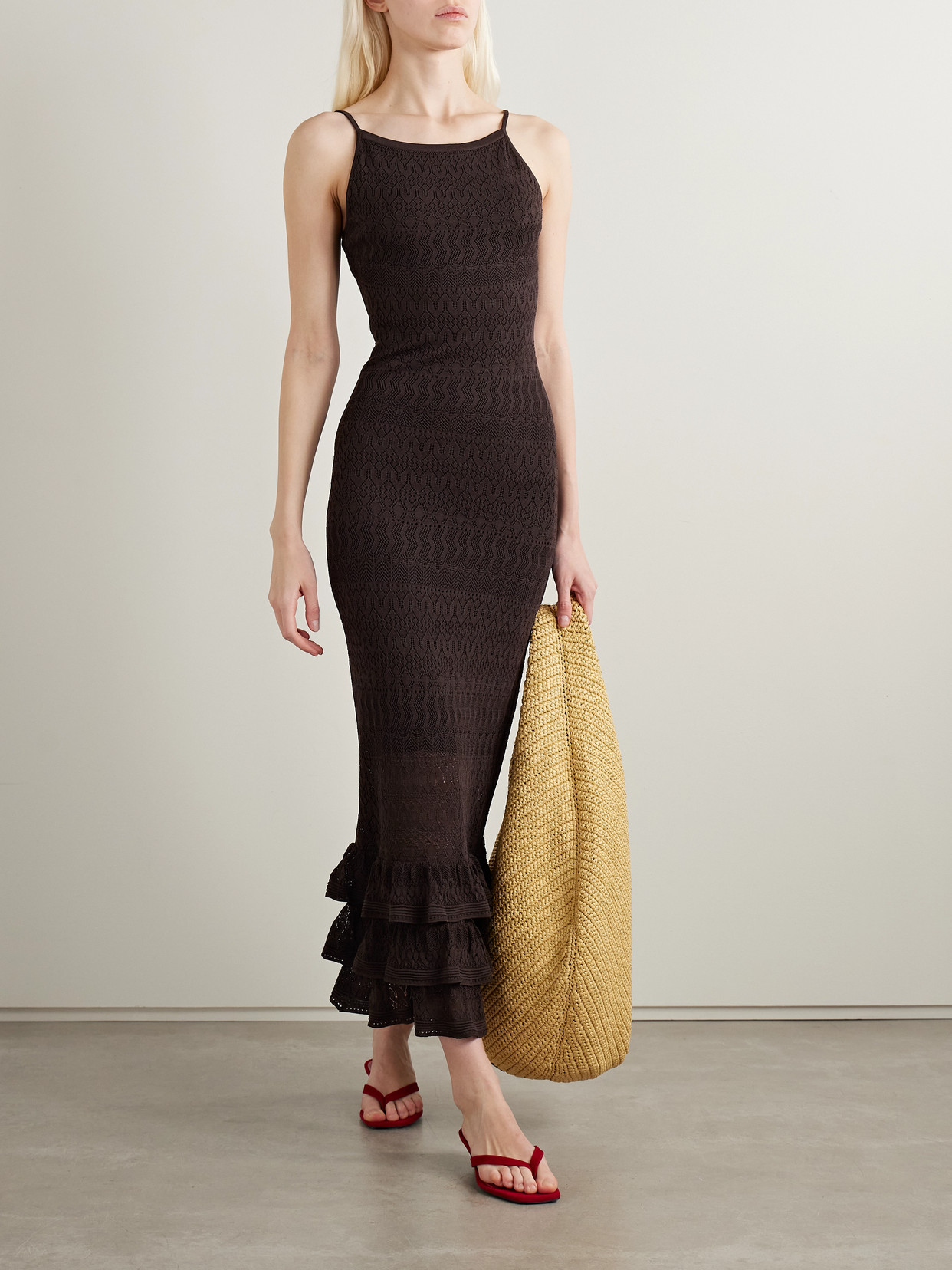 Staud Bliss Ruffled Pointelle-knit Maxi Dress