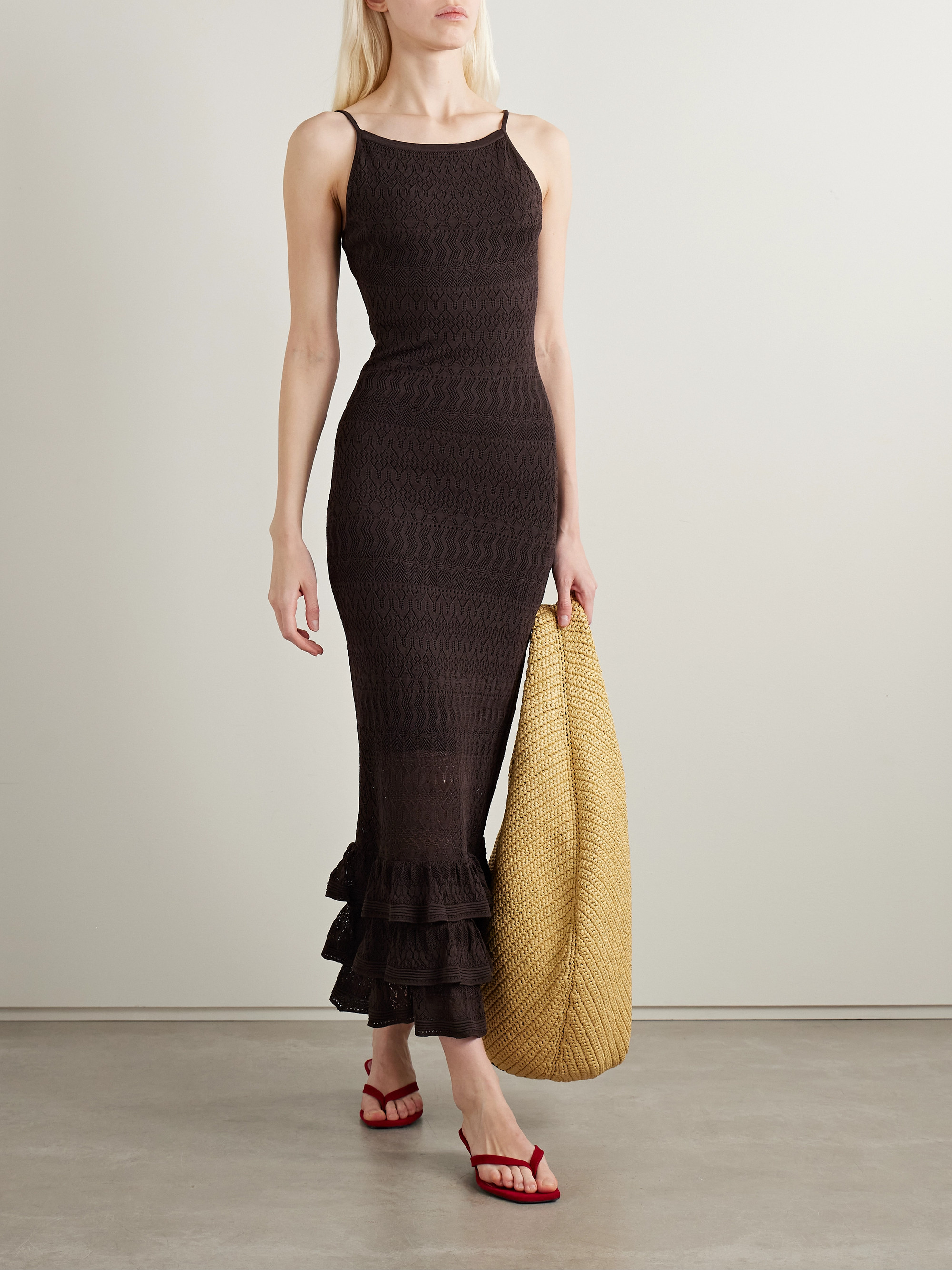 Staud Bliss ruffled pointelle-knit maxi dress